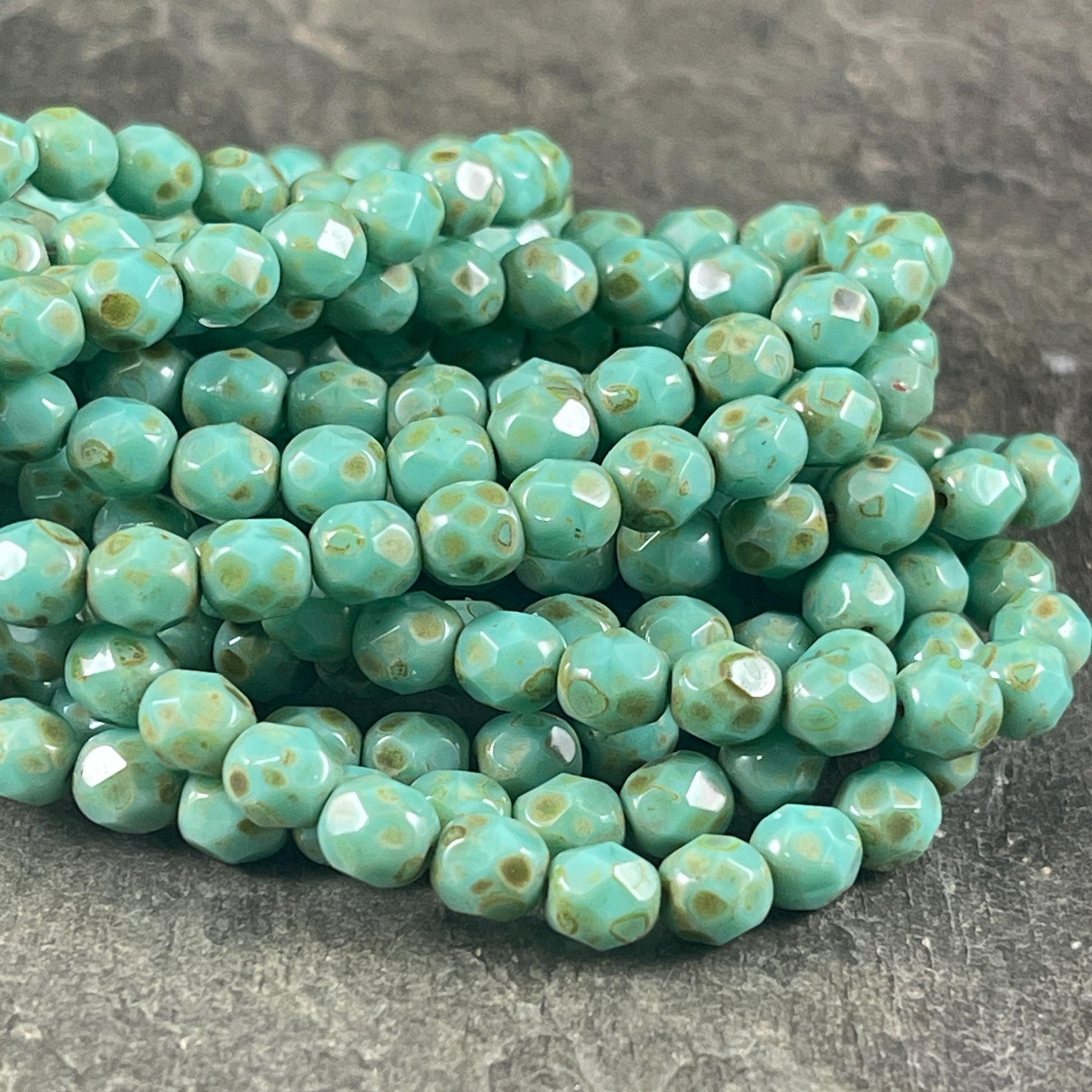 Czech Glass Beads - 6mm Turquoise Picasso Faceted Round Glass Beads (FP6/N-094) * Qty. 25