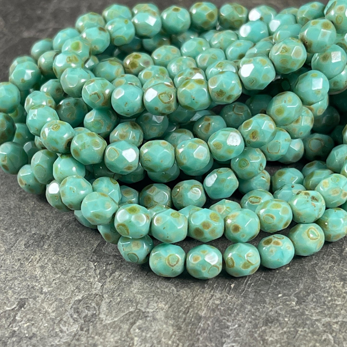 Czech Glass Beads - 6mm Turquoise Picasso Faceted Round Glass Beads (FP6/N-094) * Qty. 25