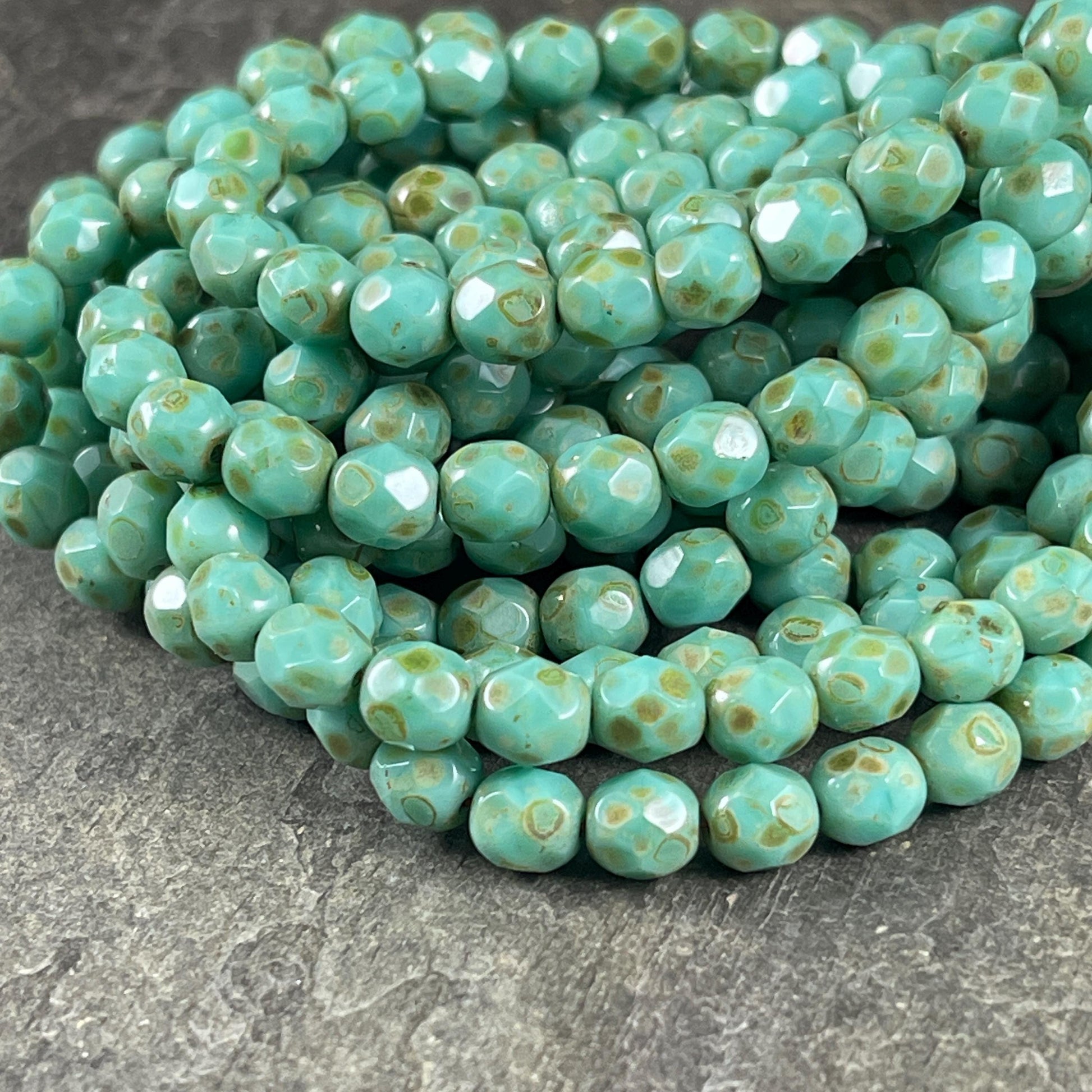 Czech Glass Beads - 6mm Turquoise Picasso Faceted Round Glass Beads (FP6/N-094) * Qty. 25