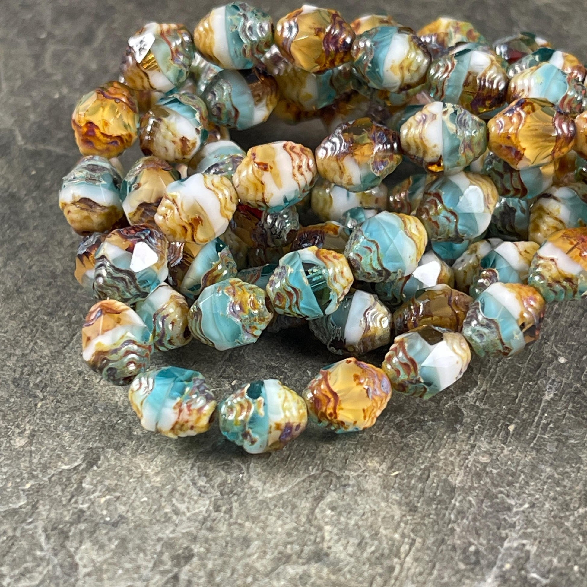Czech Beads - 8x6mm Cathedral Bicone, Sky Blue, Topaz and White Picasso Beads (CTD/N-041) * 15 Beads