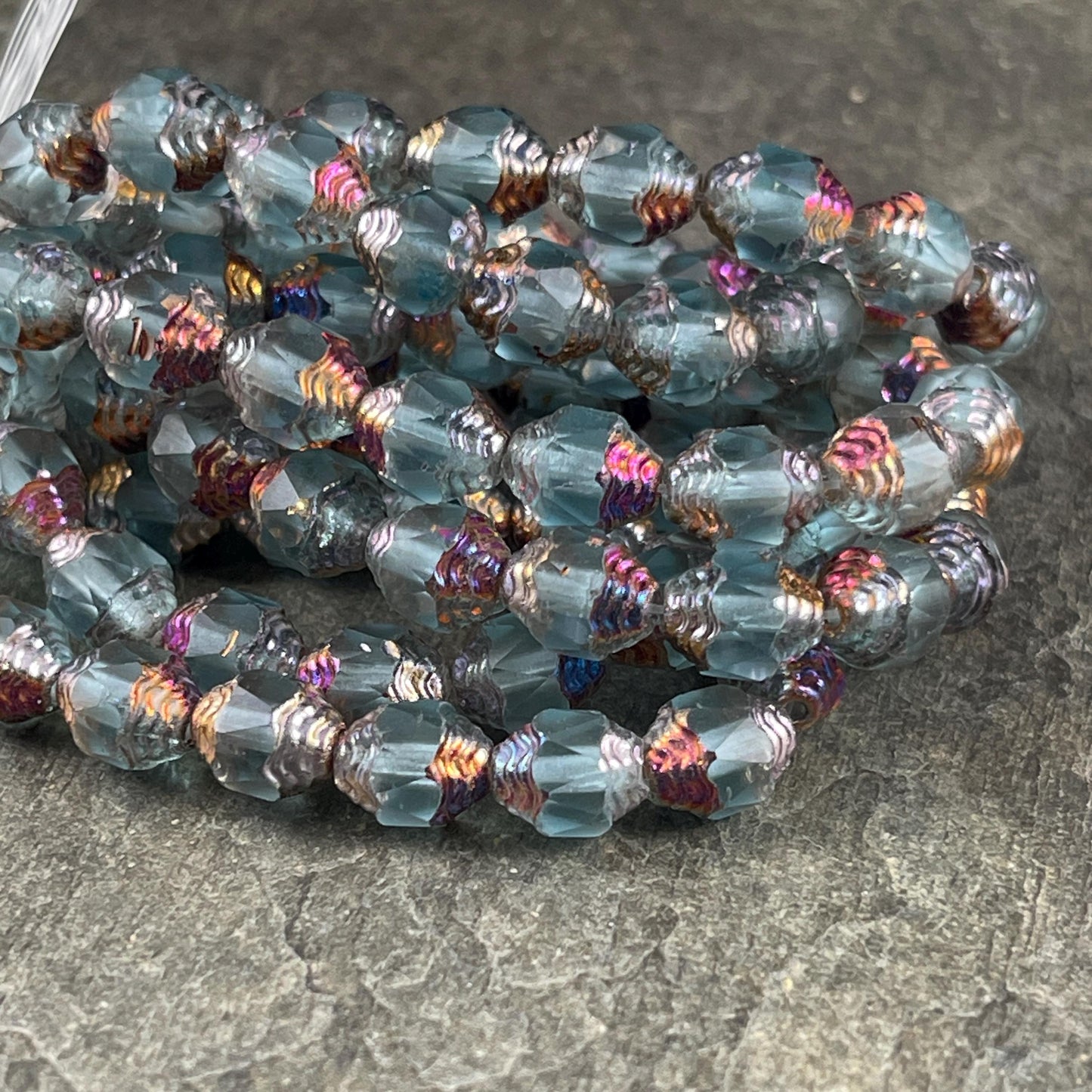 Czech Glass Beads, Matte Sky Blue with Volcano Picasso Cathedral 8x6mm Carved Oval Bicone (CTD/N-044) * Qty. 15