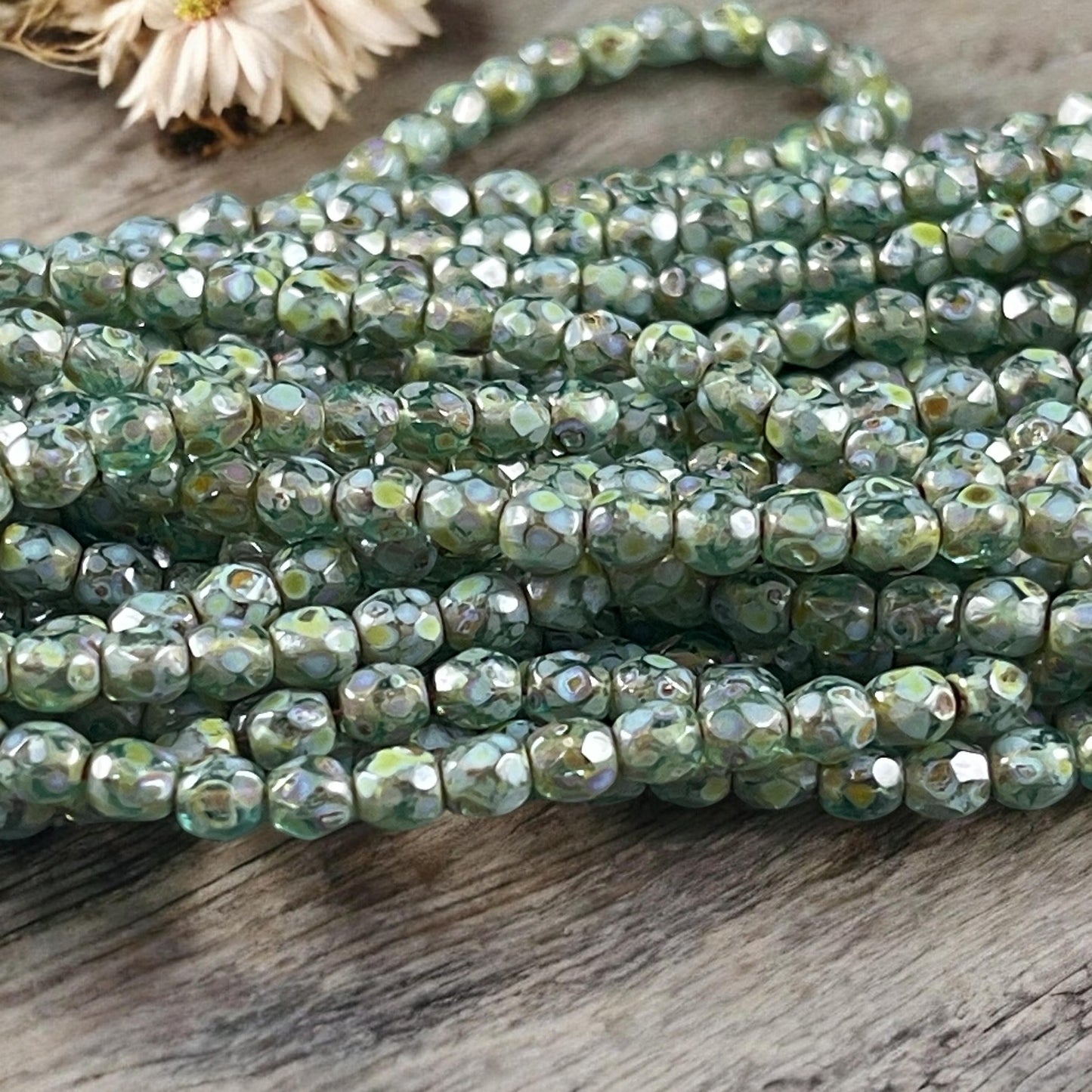Czech Glass Beads - 4mm Olive Green Picasso Faceted Glass Beads (FP4/N-168B) * Qty. 50