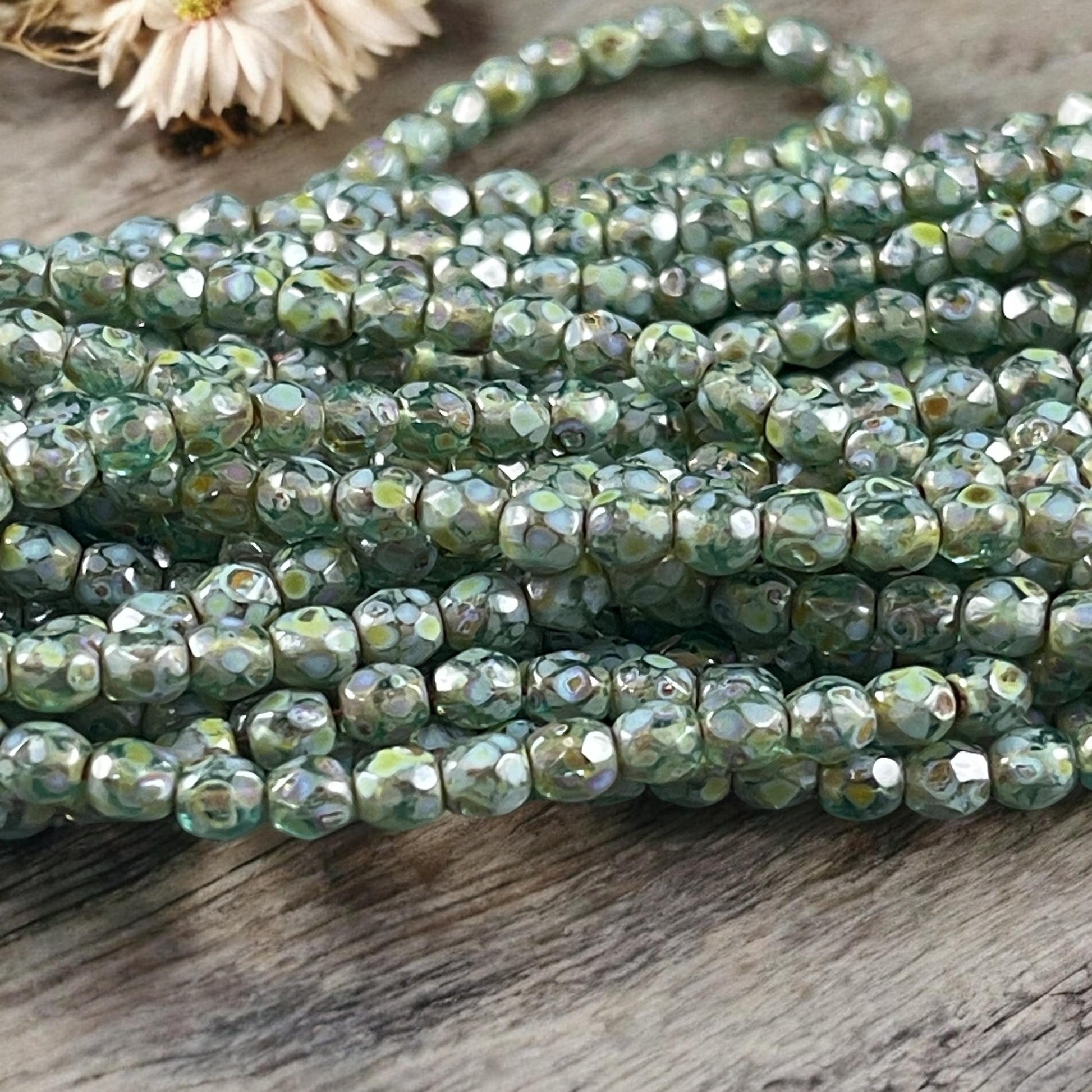 Czech Glass Beads - 4mm Olive Green Picasso Faceted Glass Beads (FP4/N-168B) * Qty. 50