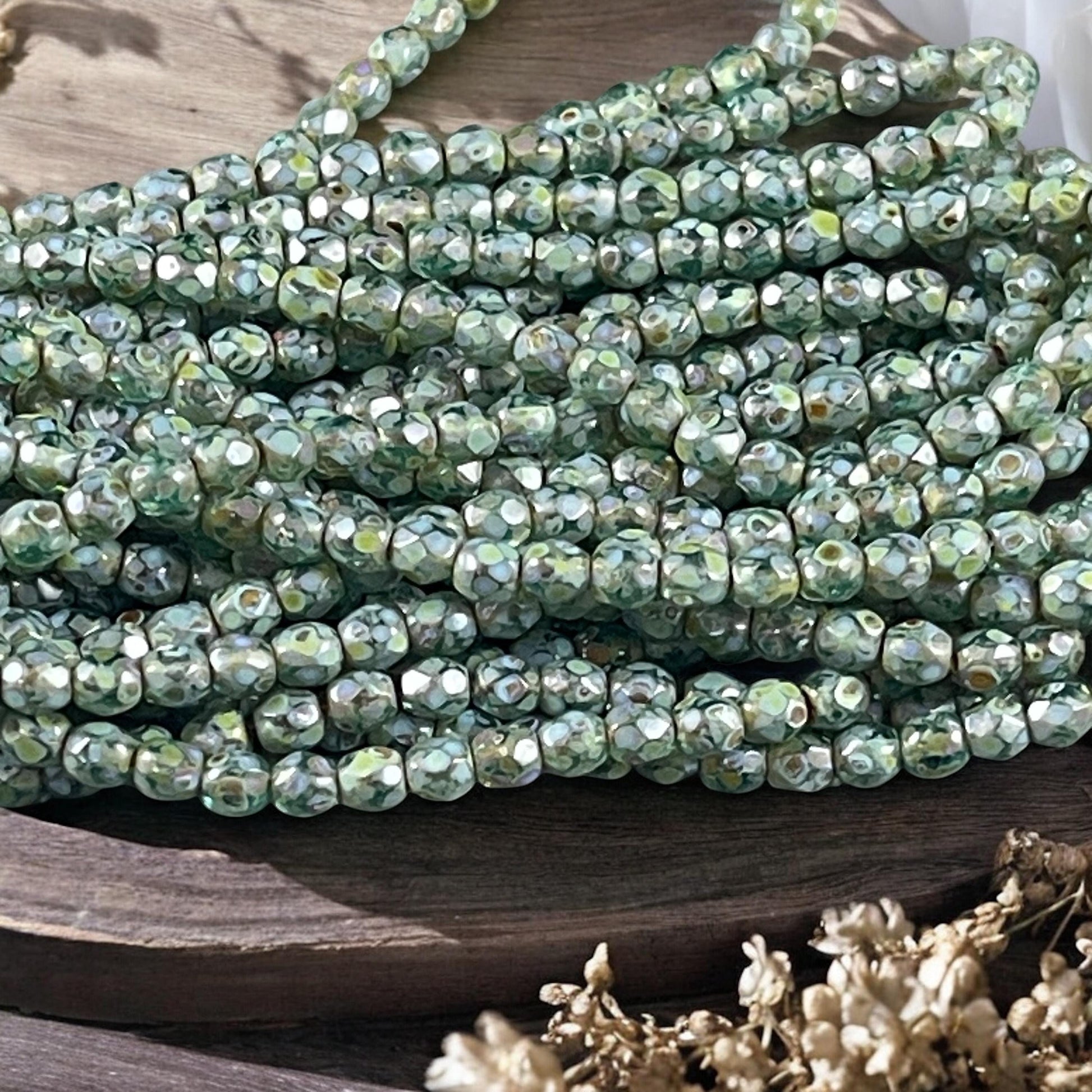 Czech Glass Beads - 4mm Olive Green Picasso Faceted Glass Beads (FP4/N-168B) * Qty. 50