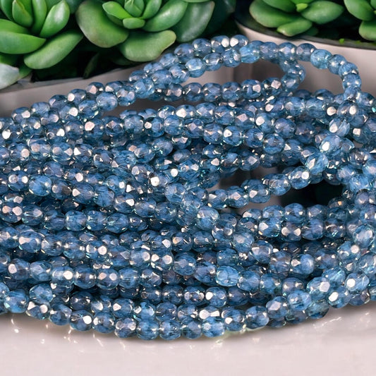 Czech Glass Beads - 4mm Two-tone Blue Faceted Glass Beads (FP4/N-129) * Qty. 50