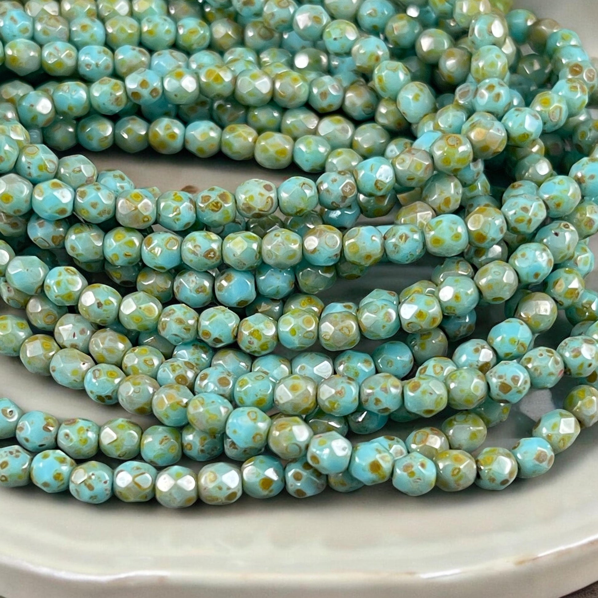 Czech Glass Beads - 4mm Turquoise Picasso Faceted Glass Beads (FP4/N-052) * Qty. 50
