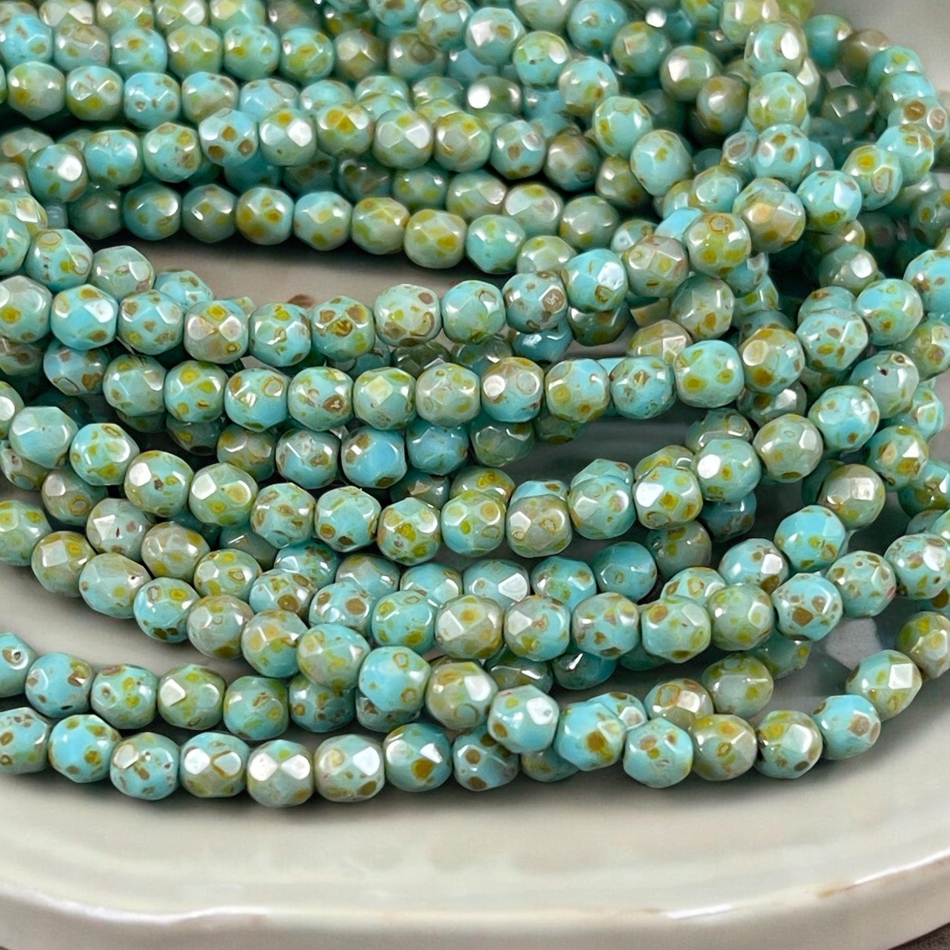 Czech Glass Beads - 4mm Turquoise Picasso Faceted Glass Beads (FP4/N-052) * Qty. 50