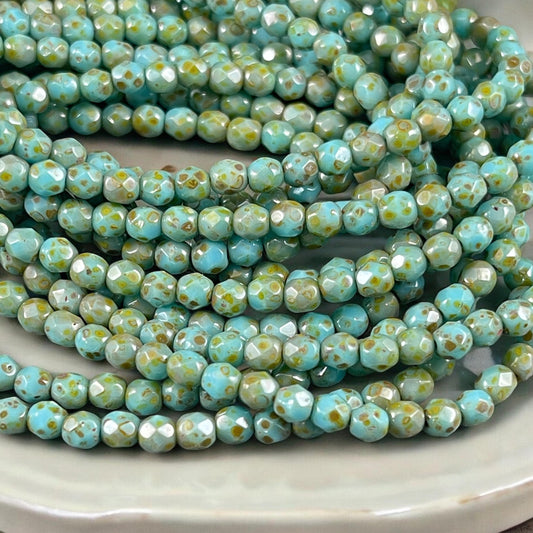 Czech Glass Beads - 4mm Turquoise Picasso Faceted Glass Beads (FP4/N-052) * Qty. 50