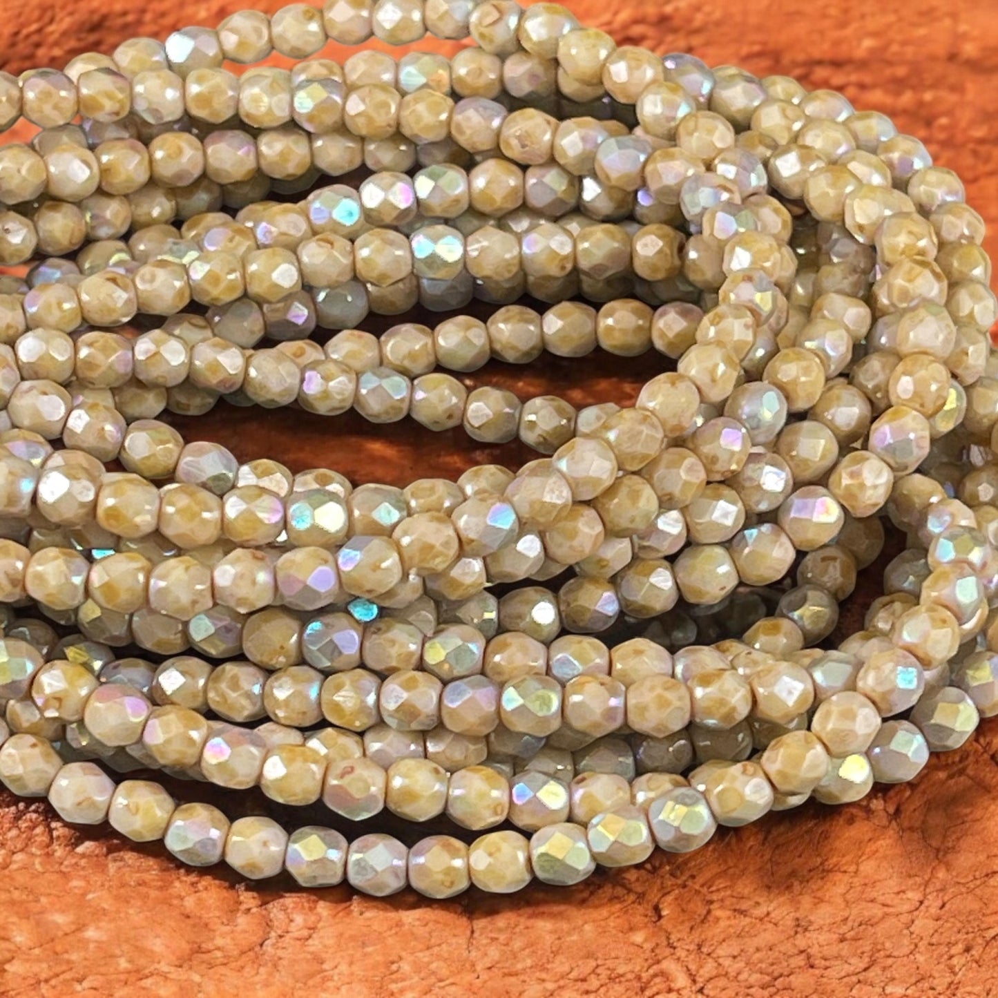 Czech Glass Beads - 4mm Beige Picasso Faceted Glass Beads with AB (FP4/N-022) * Qty. 50