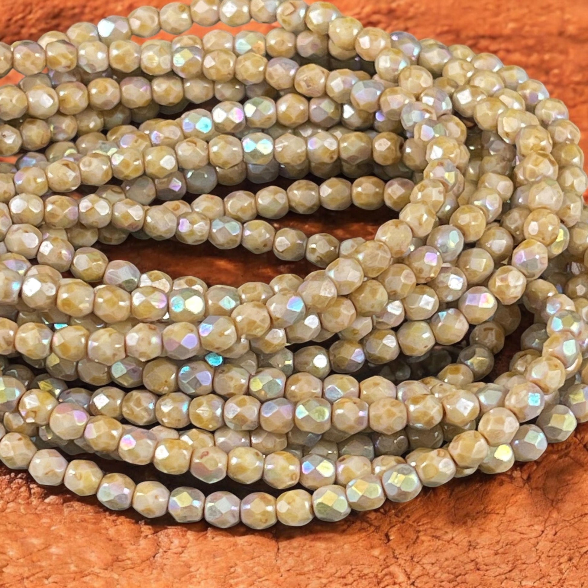 Czech Glass Beads - 4mm Beige Picasso Faceted Glass Beads with AB (FP4/N-022) * Qty. 50