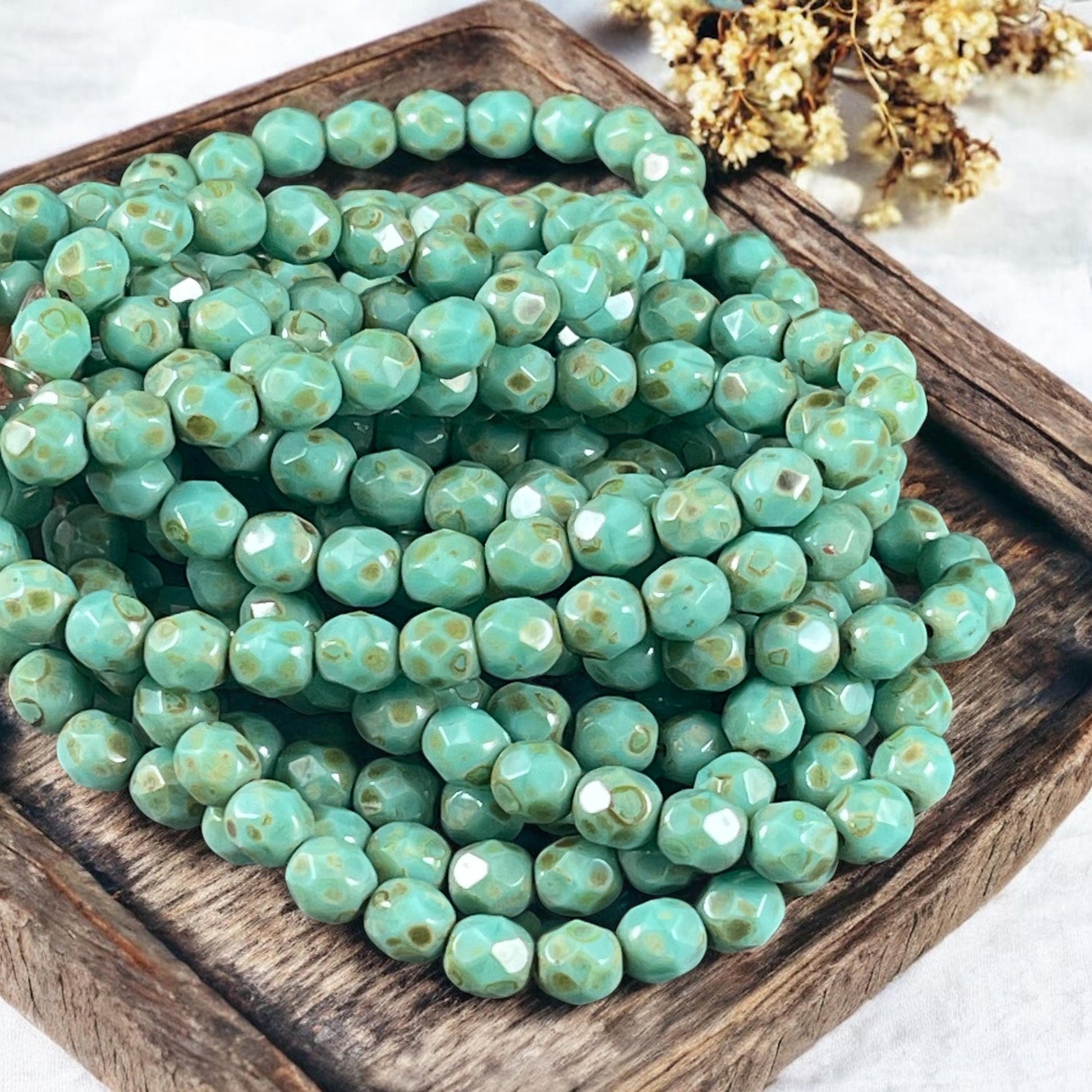Czech Glass Beads - 6mm Turquoise Picasso Faceted Round Glass Beads (FP6/N-094) * Qty. 25