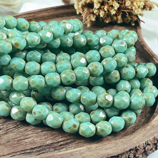 Czech Glass Beads - 6mm Turquoise Picasso Faceted Round Glass Beads (FP6/N-094) * Qty. 25
