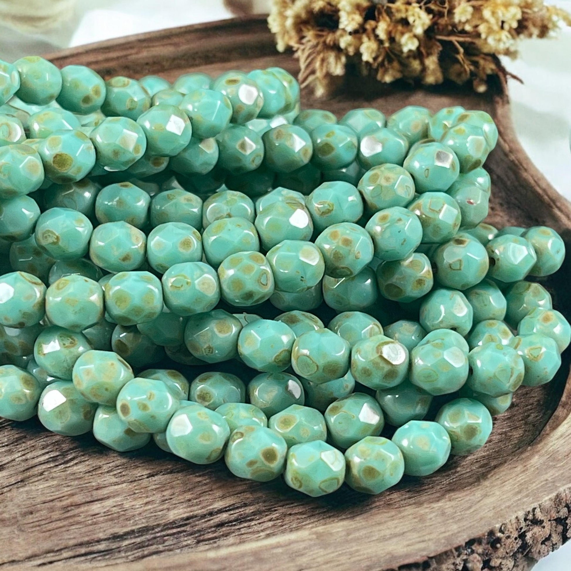 Czech Beads - 6mm Faceted Round, Turquoise Picasso Beads (FP6/N-094) * 25 Beads