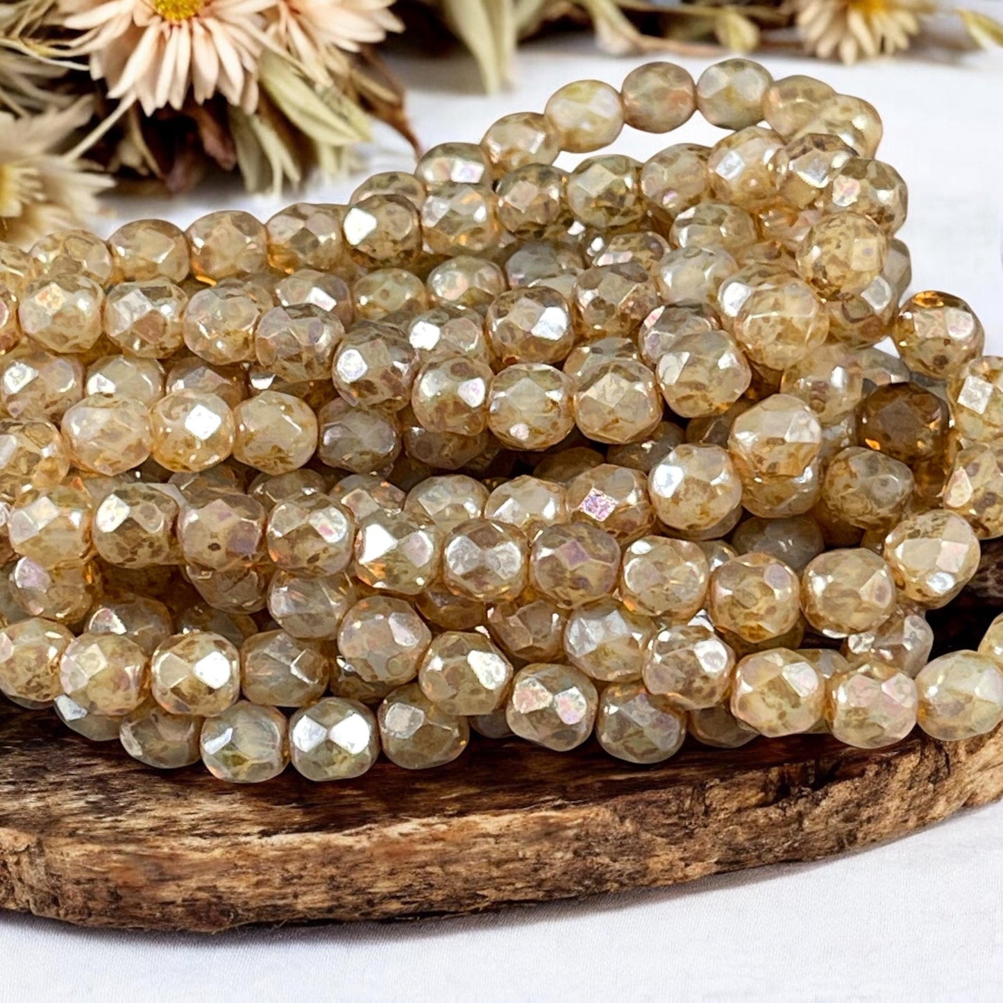 Czech Glass Beads - 6mm Champagne Gold Faceted Round Glass Beads (FP6/N-156) * Qty. 25