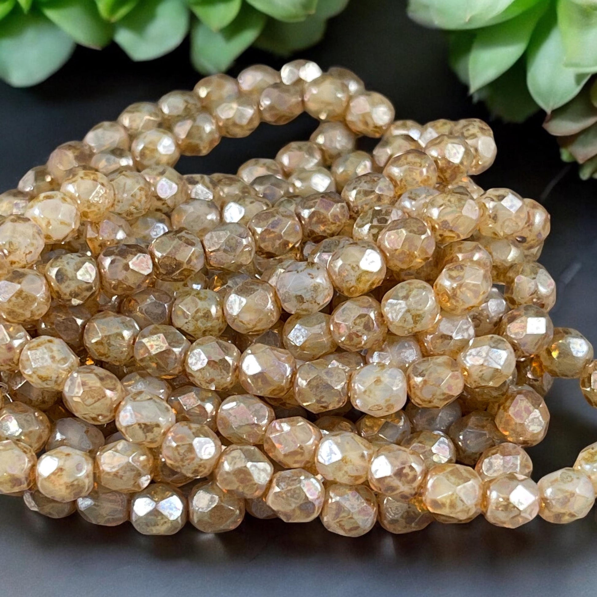 Czech Glass Beads - 6mm Champagne Gold Faceted Round Glass Beads (FP6/N-156) * Qty. 25
