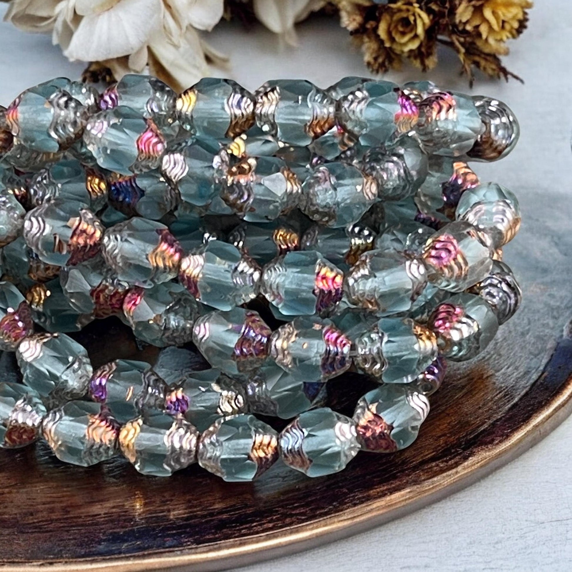 Czech Glass Beads, Matte Sky Blue with Volcano Picasso Cathedral 8x6mm Carved Oval Bicone (CTD/N-044) * Qty. 15