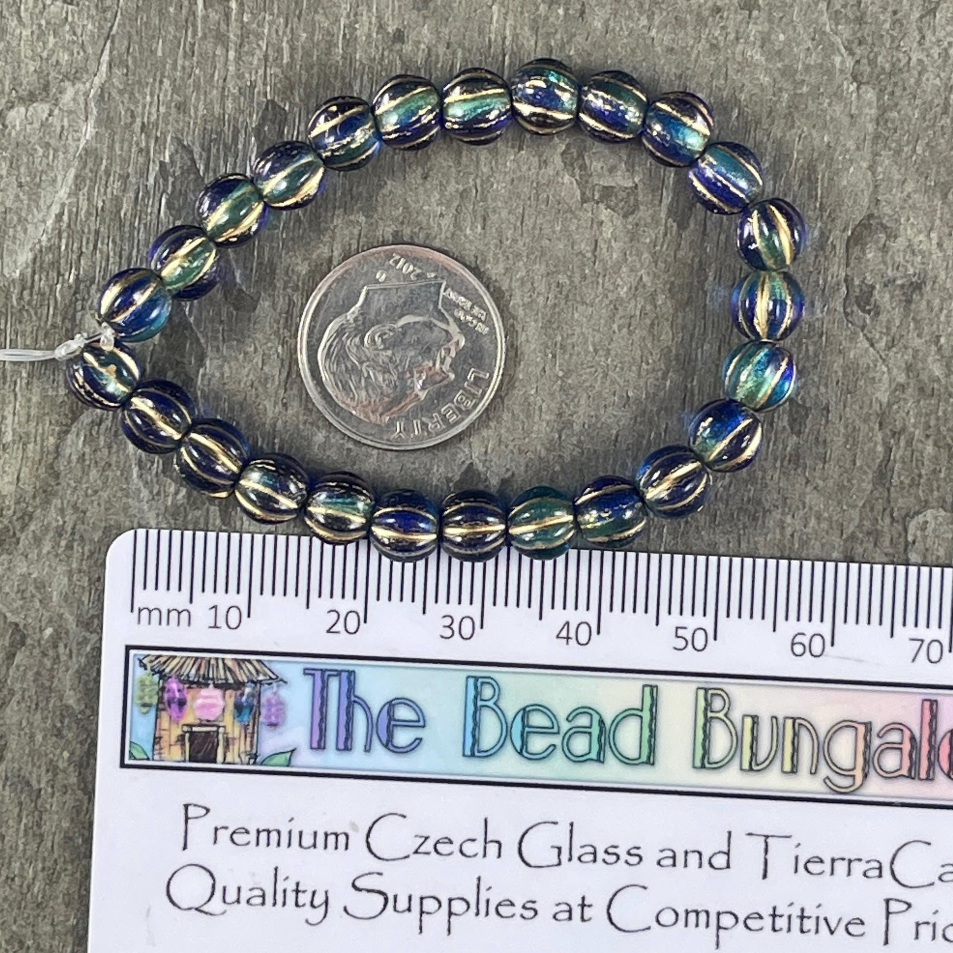 Two Tone Blue and Gold Large Hole Czech Beads, 6mm Round Druk Melon, Czech Glass Beads - Aqua, Sapphire and Gold (BH6/N-064) * Qty 25