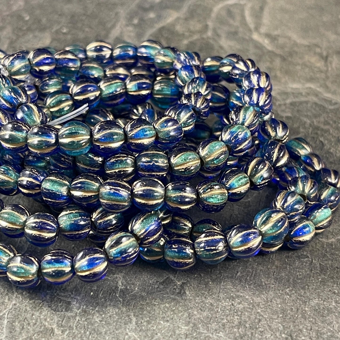 Two Tone Blue and Gold Large Hole Czech Beads, 6mm Round Druk Melon, Czech Glass Beads - Aqua, Sapphire and Gold (BH6/N-064) * Qty 25