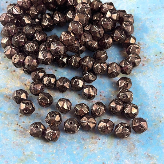 Czech Glass Beads - 8mm English Cut, Brown Metallic Faceted Cube Beads, Purple with Bronze Metallic (EC/N-0661) * Qty. 20