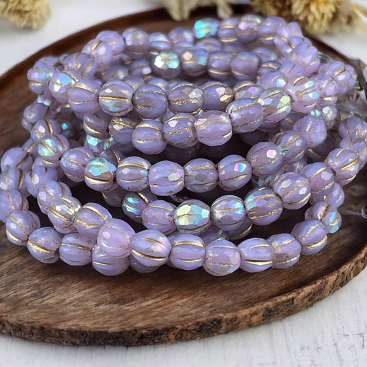 Czech Glass Beads - 6mm Pastel Purple Faceted Melon Shape Beads, Thistle with AB and Gold Wash (FM6/N-0247) * 25 beads