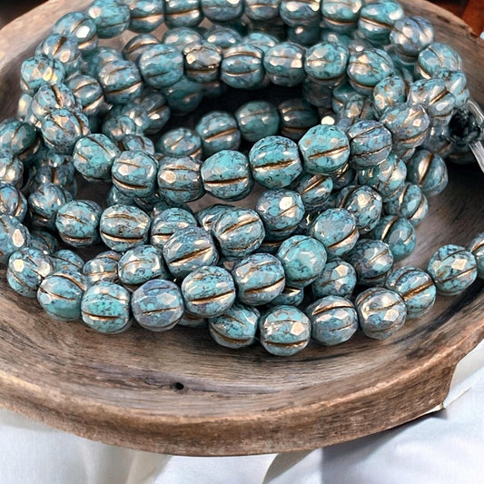 Czech Glass Beads - 6mm Teal Picasso Faceted Melon Shape Beads, Teal with Bronze and Gold Wash (FM6/N-2102) * 25 beads