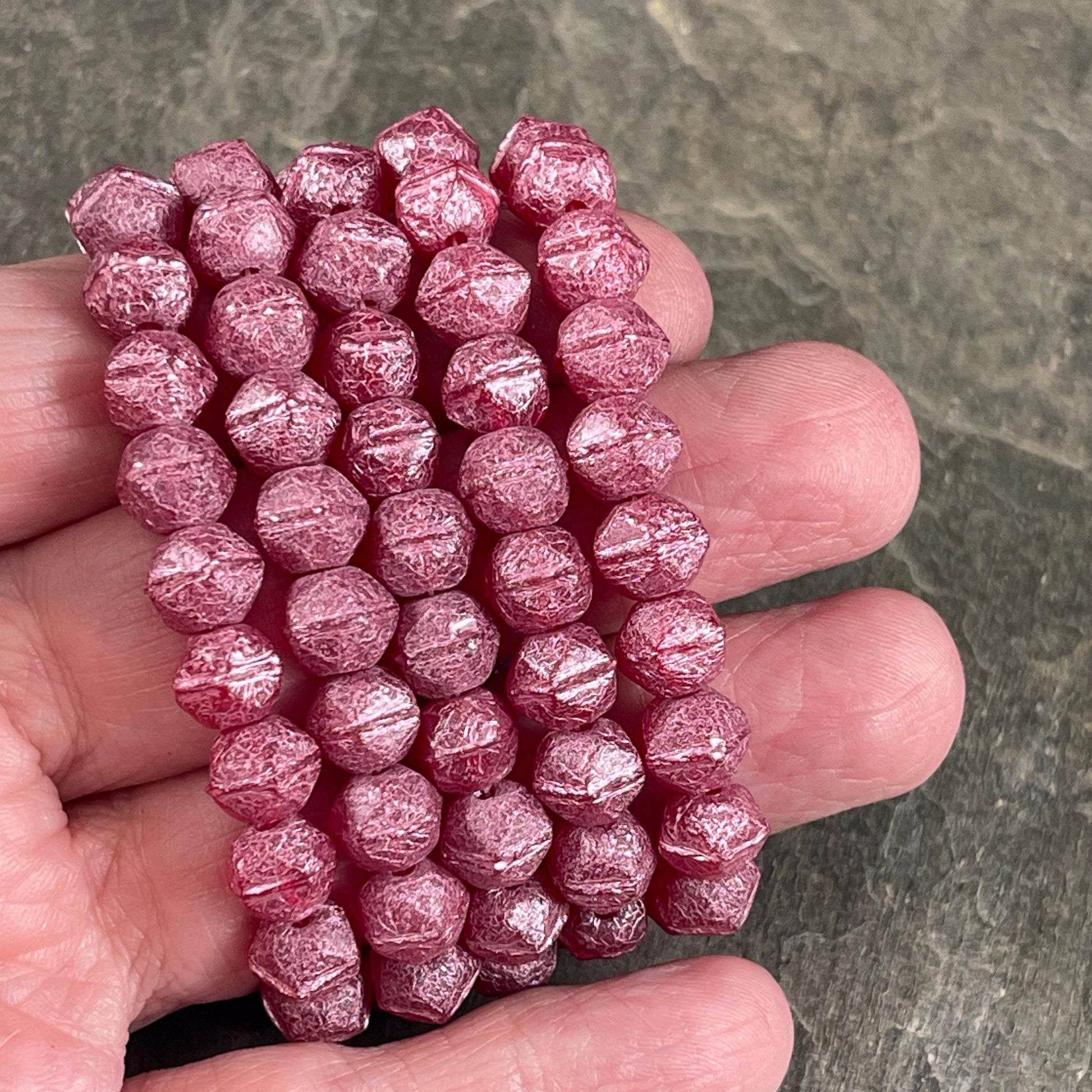 Czech Glass Beads - 8mm English Cut, Fuchsia Faceted Cube Beads, Red Glass with Pink Wash (EC/N-1955) * Qty. 20