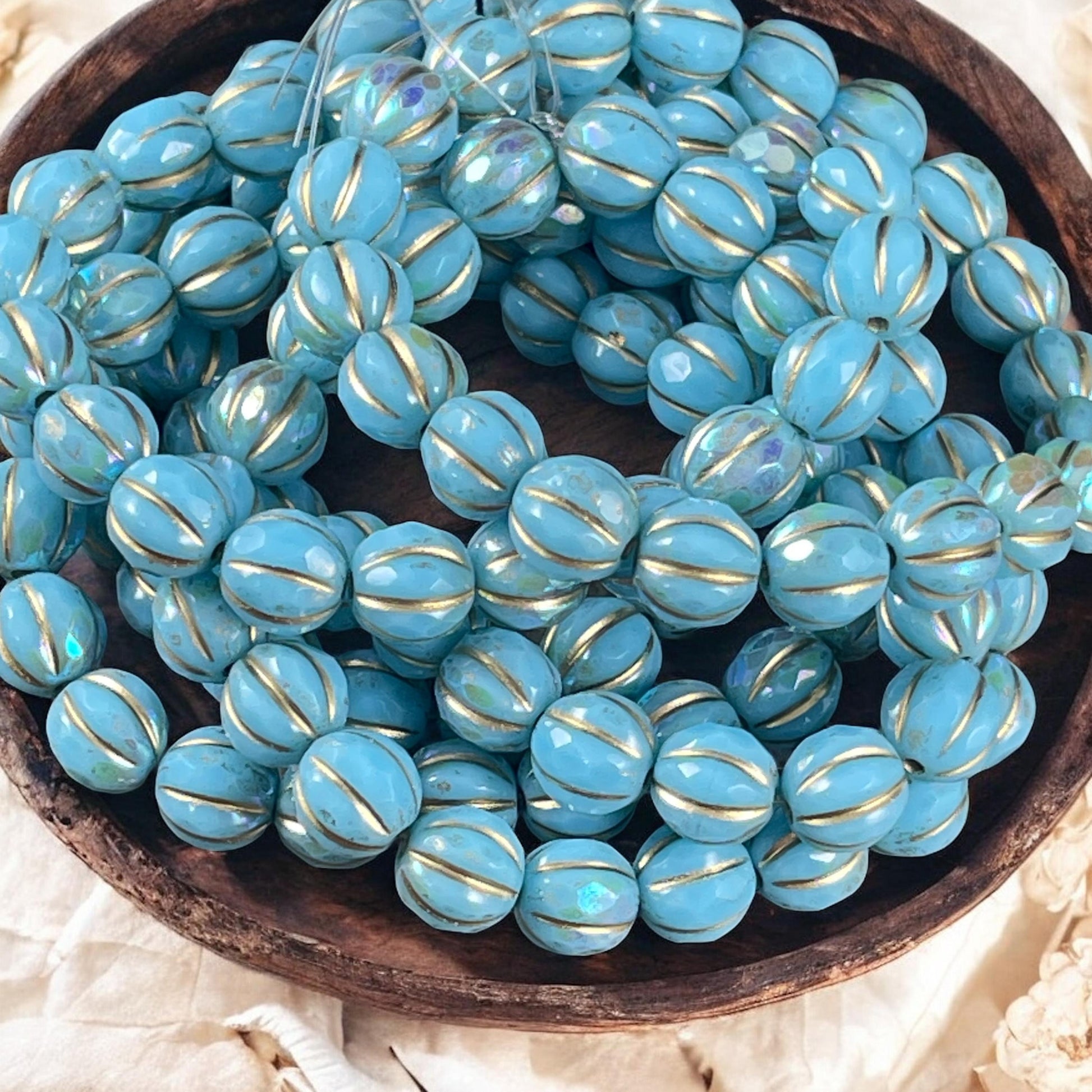 Czech Glass Beads - Light Blue and Gold with AB Finish, 8mm Faceted Melon Shape Beads (8FM/N-1785) * Qty. 10