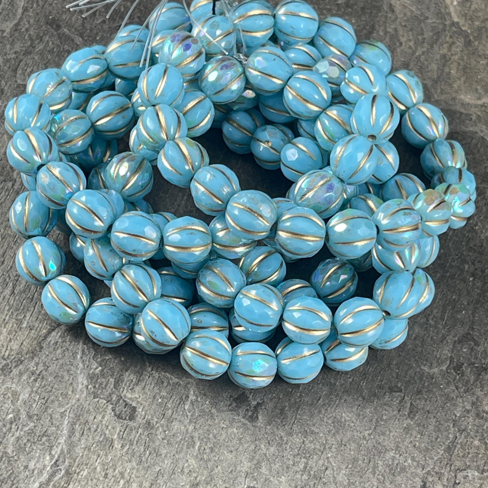 Czech Glass Beads - Light Blue and Gold with AB Finish, 8mm Faceted Melon Shape Beads (8FM/N-1785) * Qty. 10