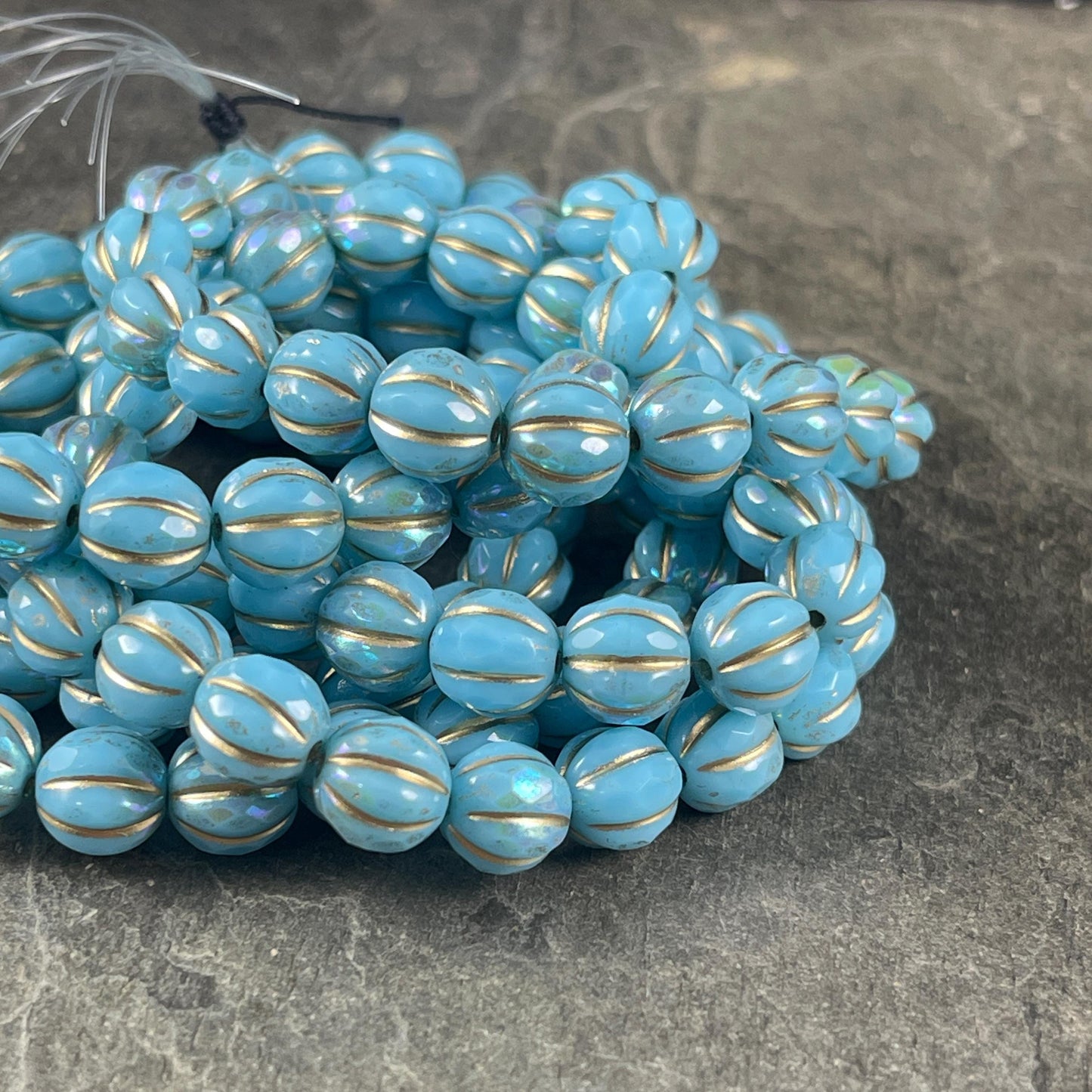 Czech Glass Beads - Light Blue and Gold with AB Finish, 8mm Faceted Melon Shape Beads (8FM/N-1785) * Qty. 10