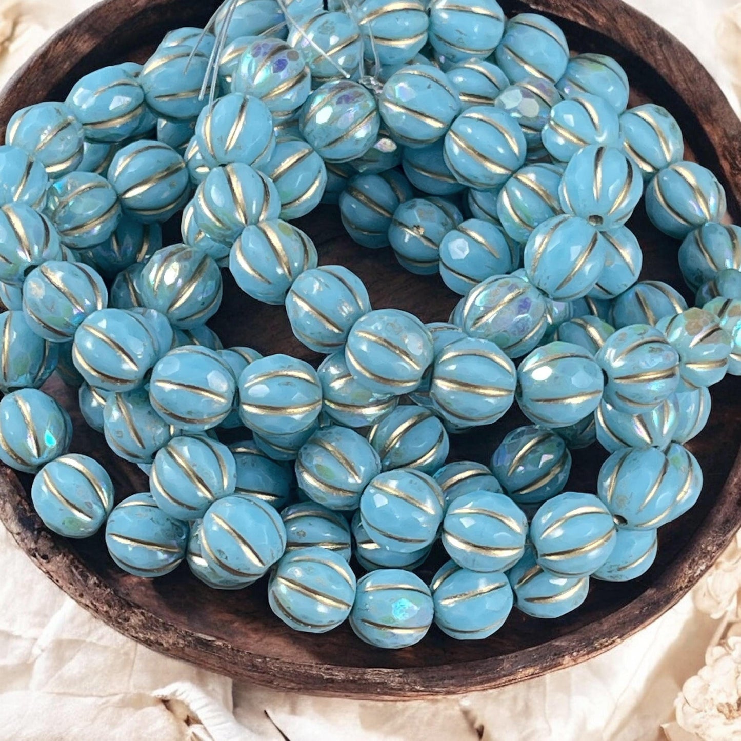 Czech Glass Beads - Light Blue and Gold with AB Finish, 8mm Faceted Melon Shape Beads (8FM/N-1785) * Qty. 10