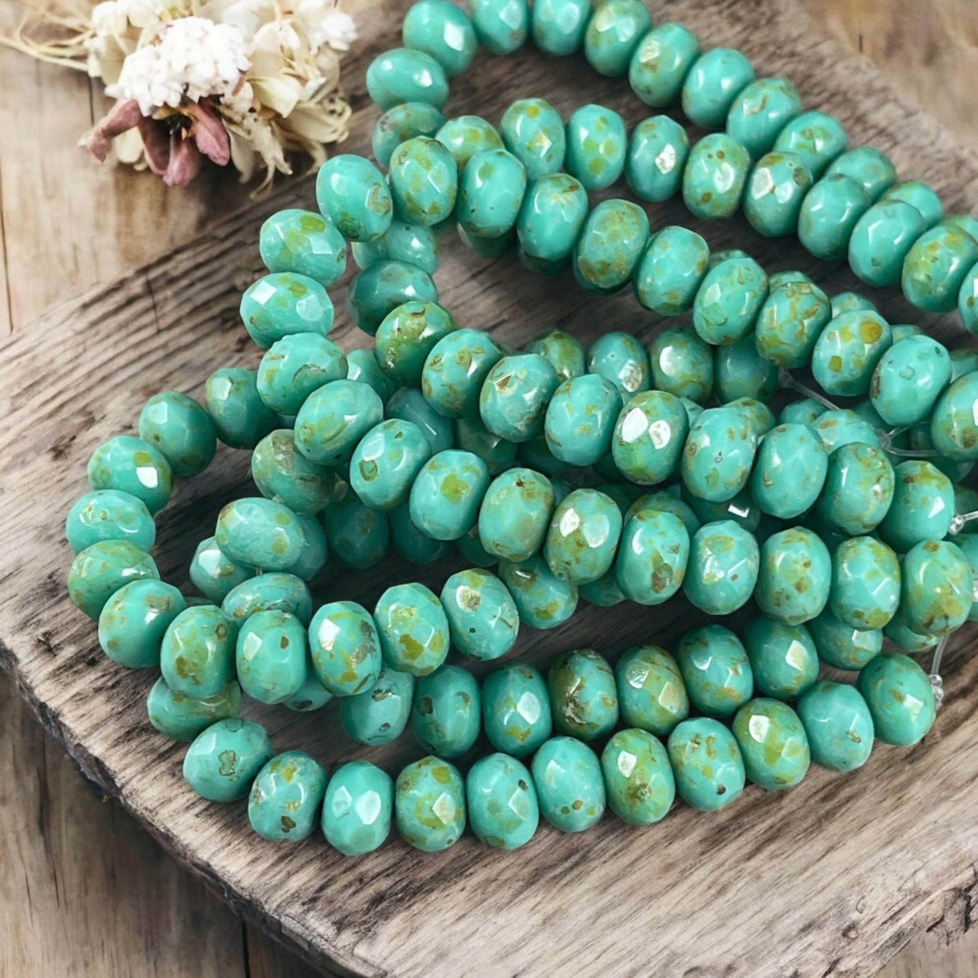 Czech Glass Beads - 7x5mm Faceted Rondelle, Turquoise Green Picasso (R7/N-0743B) * 25 Beads