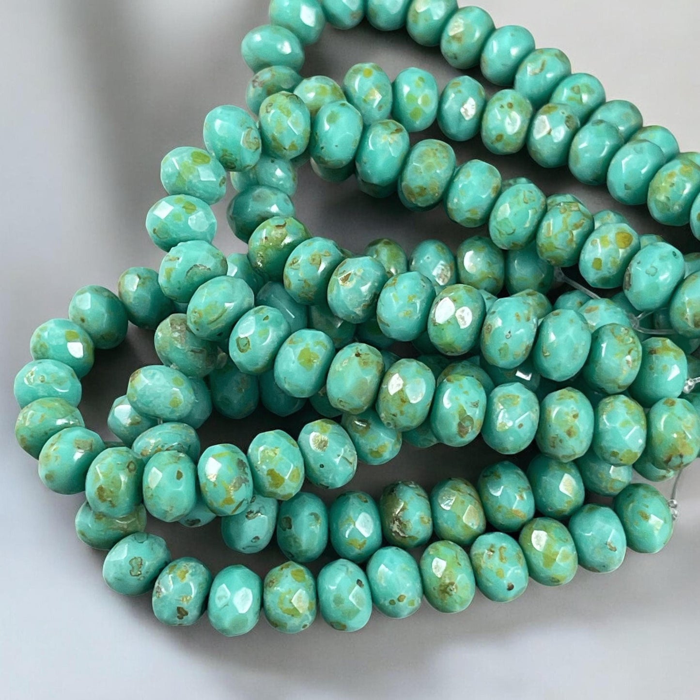 Czech Glass Beads - 7x5mm Faceted Rondelle, Turquoise Green Picasso (R7/N-0743B) * 25 Beads