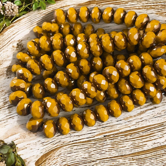 Czech Glass Beads - Mustard Yellow with Bronze Picasso, 5x7mm Faceted Rondelle (R7/N-1154) * Qty. 25