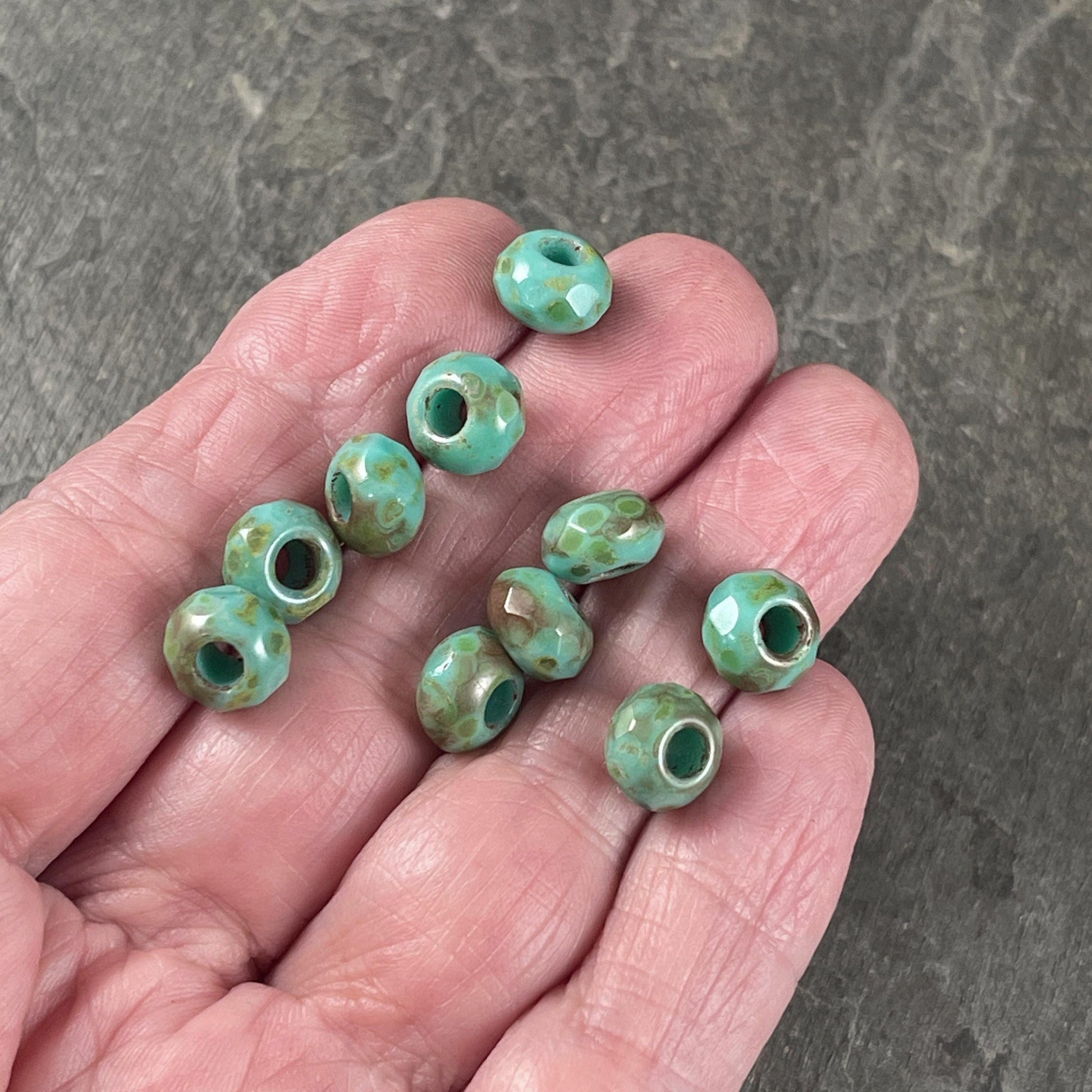 Czech Glass Beads - 9x6mm Large Hole Rondelles, Tea Green, Turquoise Picasso Beads (ROL/N-0634B) * Qty. 12