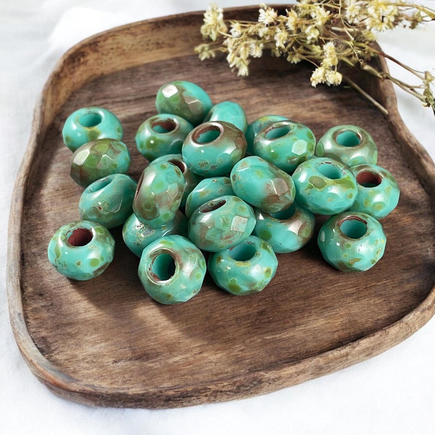 Czech Glass Beads - 9x6mm Large Hole Rondelles, Tea Green, Turquoise Picasso Beads (ROL/N-0634B) * Qty. 12