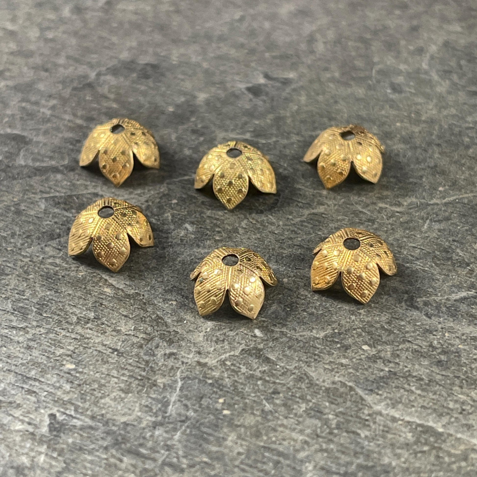 8mm Gold Petal Bead Caps with Dots - Raw Brass Bright Gold Floral Theme Petal Bead Caps (VJS-R425R) * Qty. 8