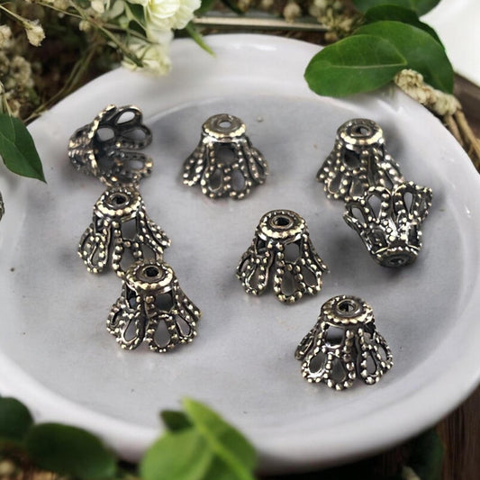 Filigree Bell Shape Bead Caps - 7x5mm Antiqued Brass Flaired Bead Caps (VJS-E96) * Qty. 12