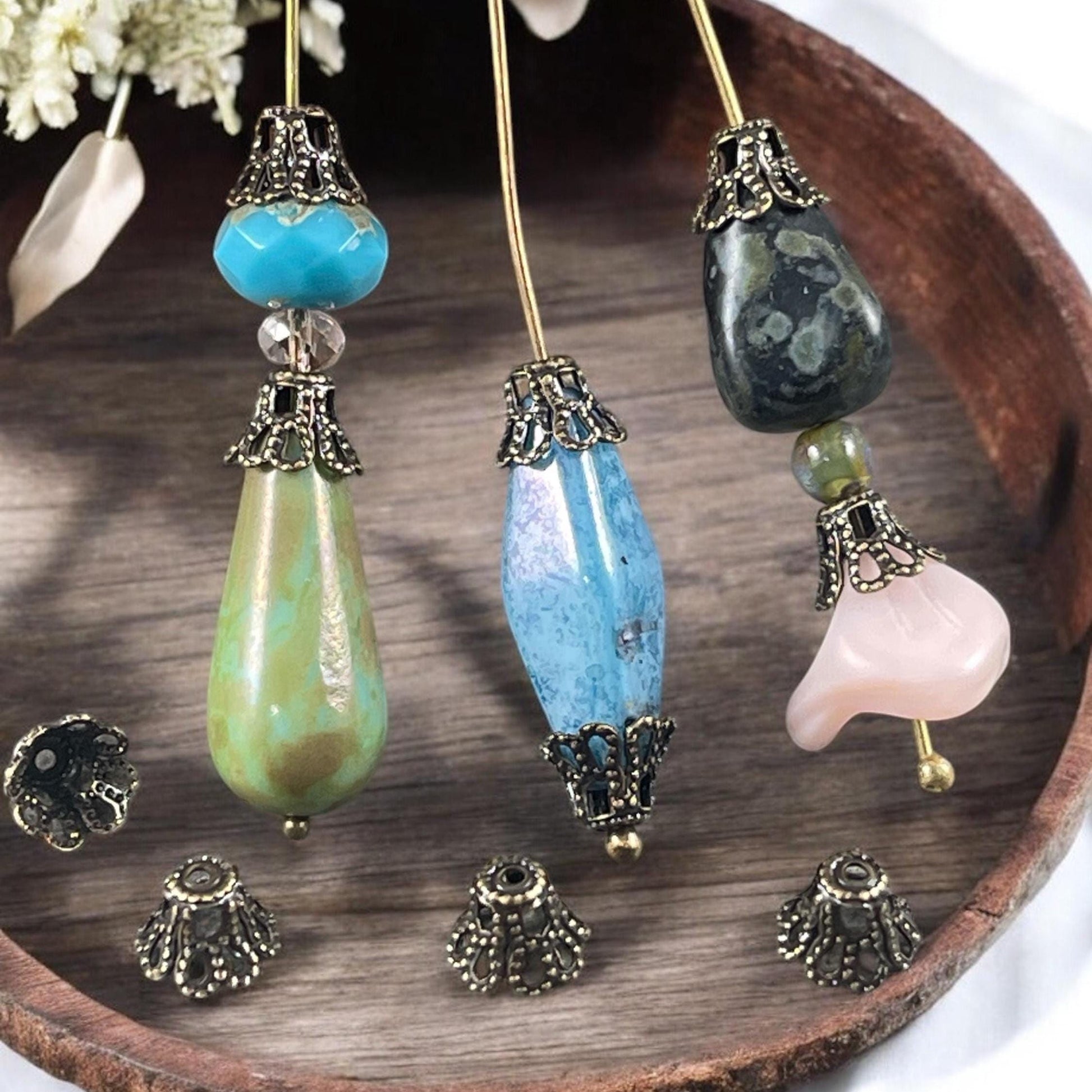 Filigree Bell Shape Bead Caps - 7x5mm Antiqued Brass Flaired Bead Caps (VJS-E96) * Qty. 12
