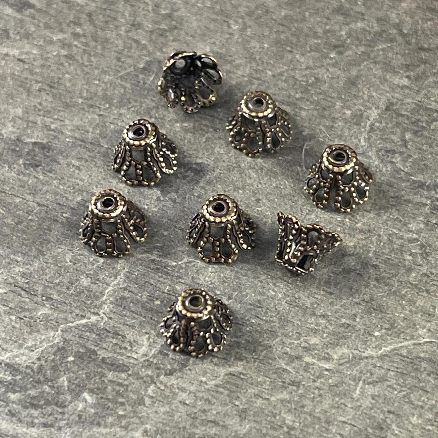 Filigree Bell Shape Bead Caps - 7x5mm Antiqued Brass Flaired Bead Caps (VJS-E96) * Qty. 12