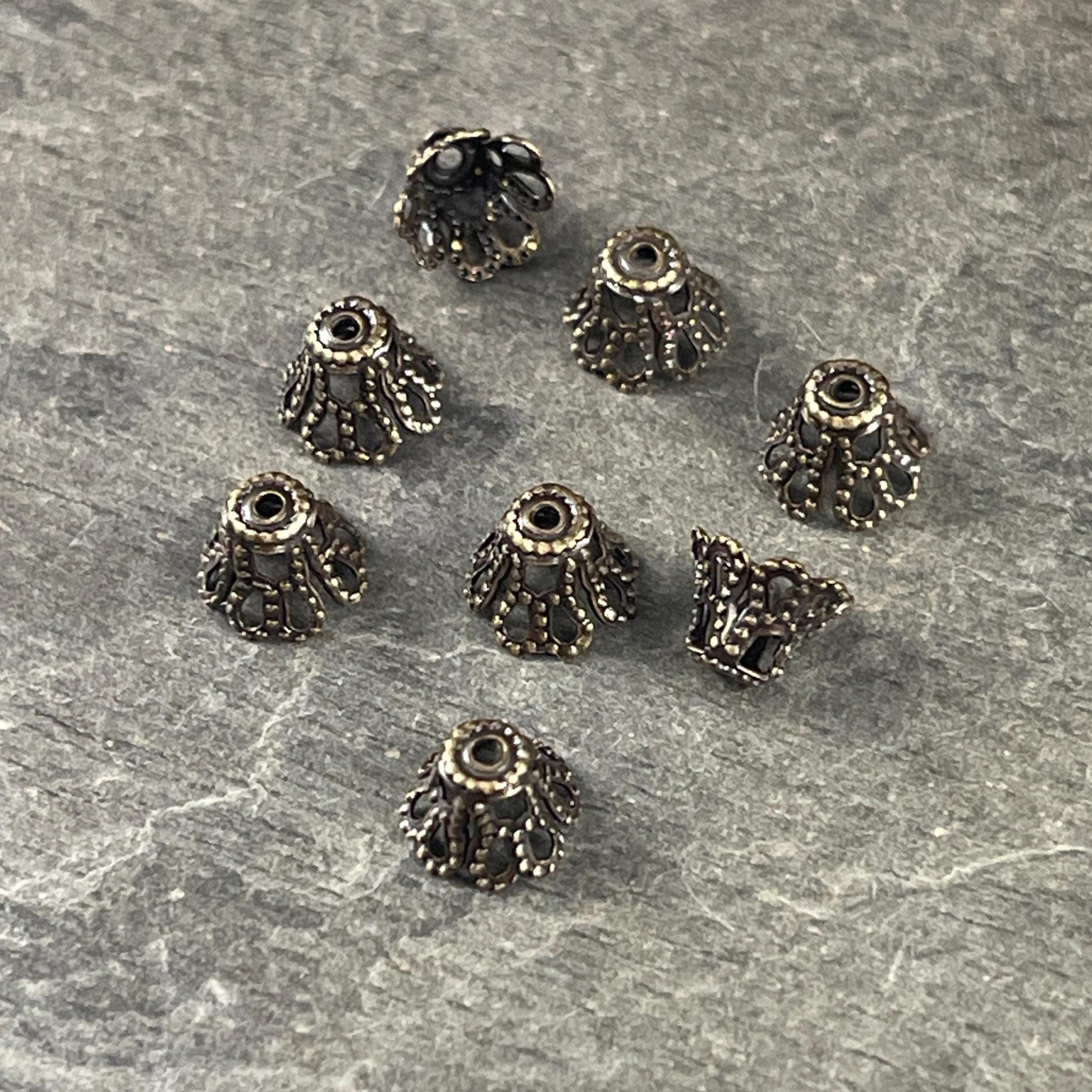 Filigree Bell Shape Bead Caps - 7x5mm Antiqued Brass Flaired Bead Caps (VJS-E96) * Qty. 12
