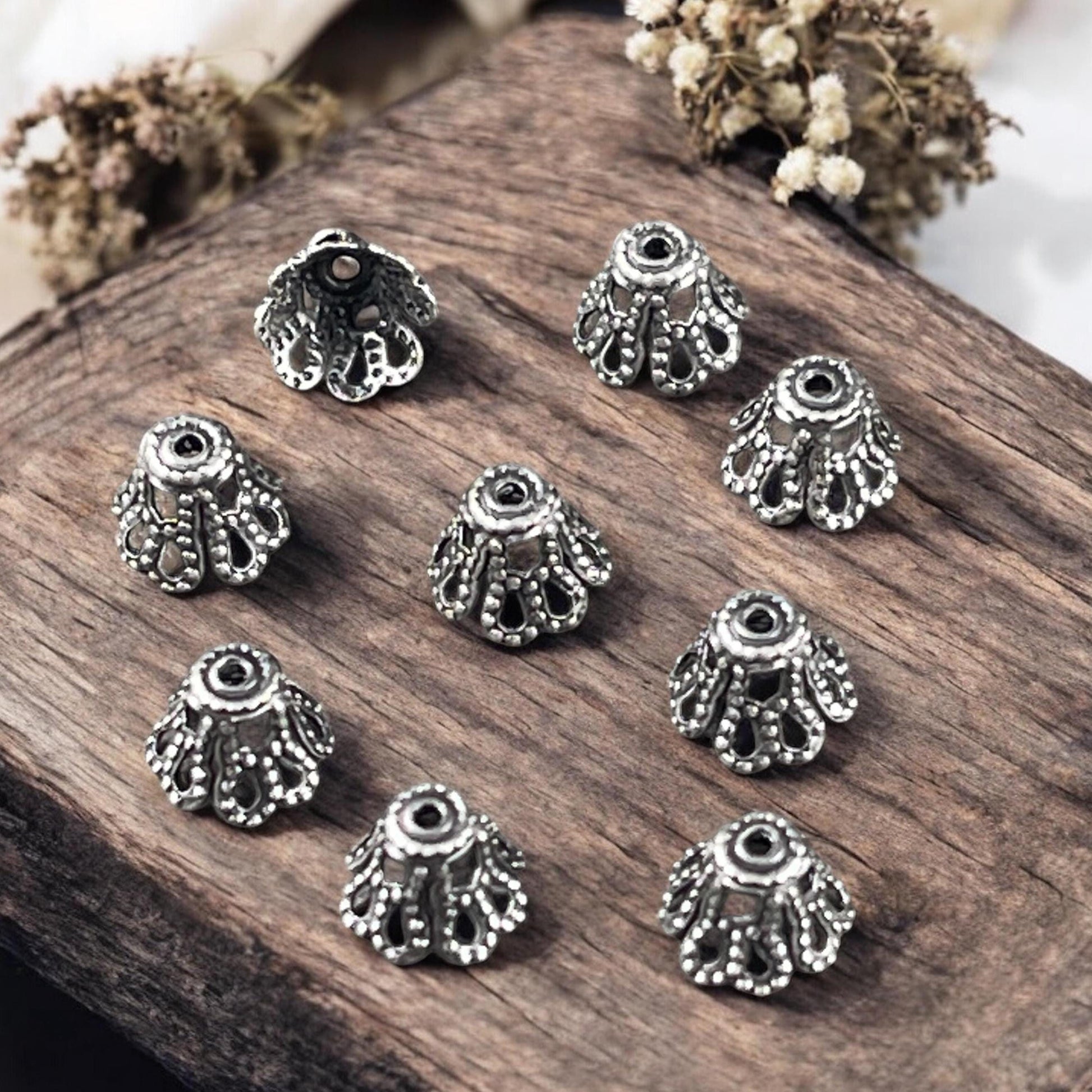 Filigree Bell Shape Bead Caps - 7x5mm Antiqued Silver Flaired Bead Caps (VJS-D92) * Qty. 12