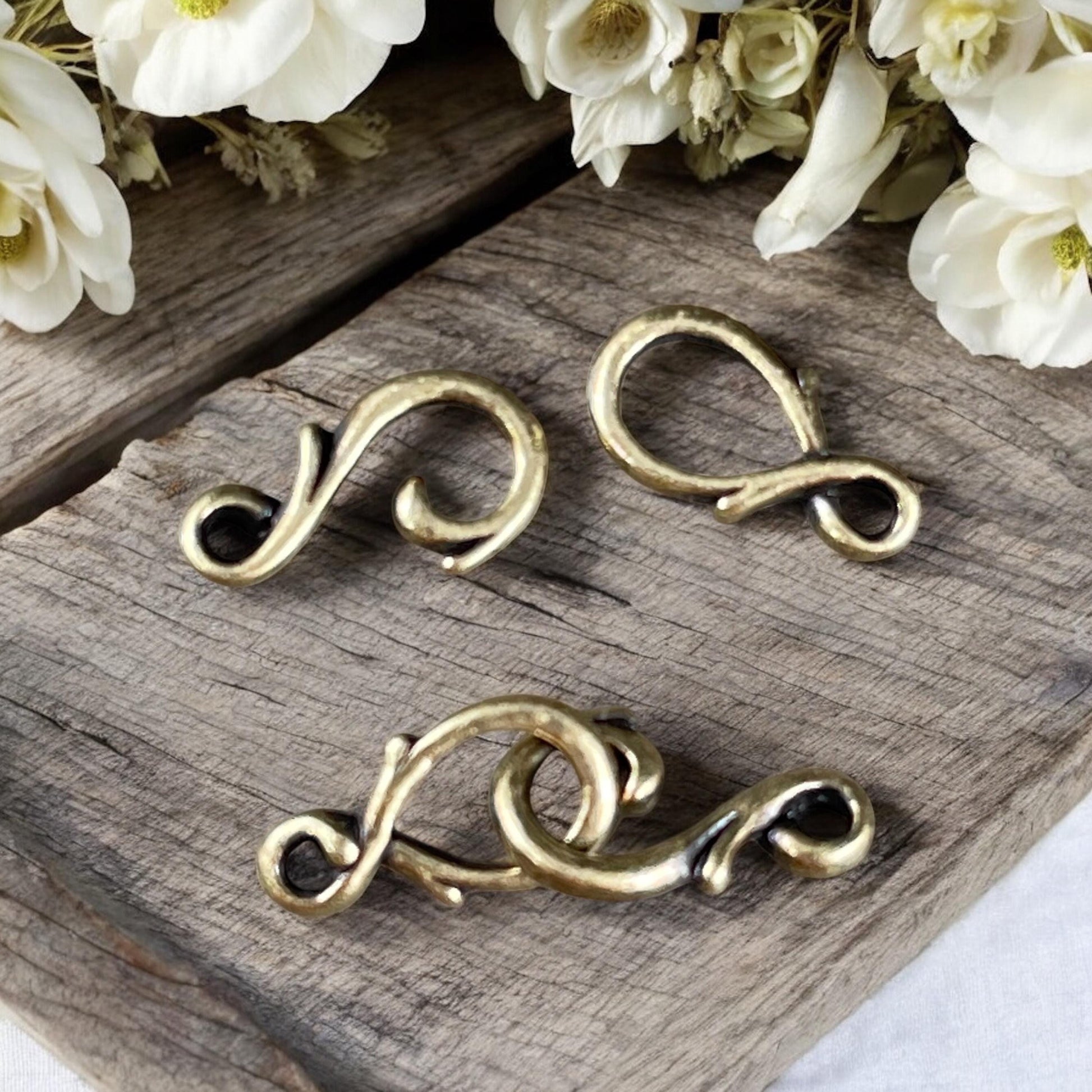 TierraCast Vine Hook and Eye Clasp, Antiqued Brass Plated Pewter, Dainty Copper Clasp (PF/954-57) * Qty. 3 sets