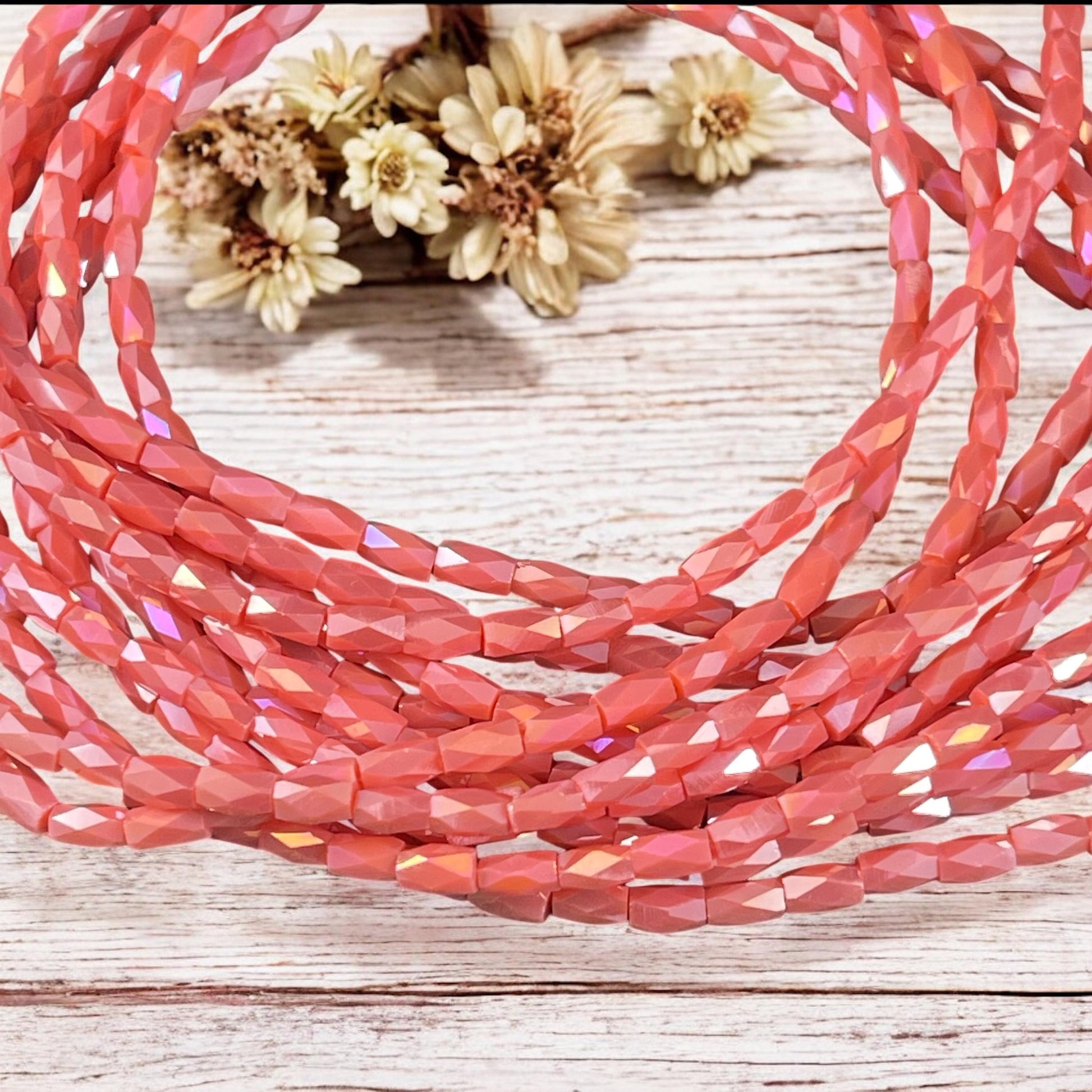 Skinny Faceted Tube Beads, Salmon with High Luster Shine, 5x3mm Peachy Pink Tube Beads (FGT-Salmon) * 17" Strand