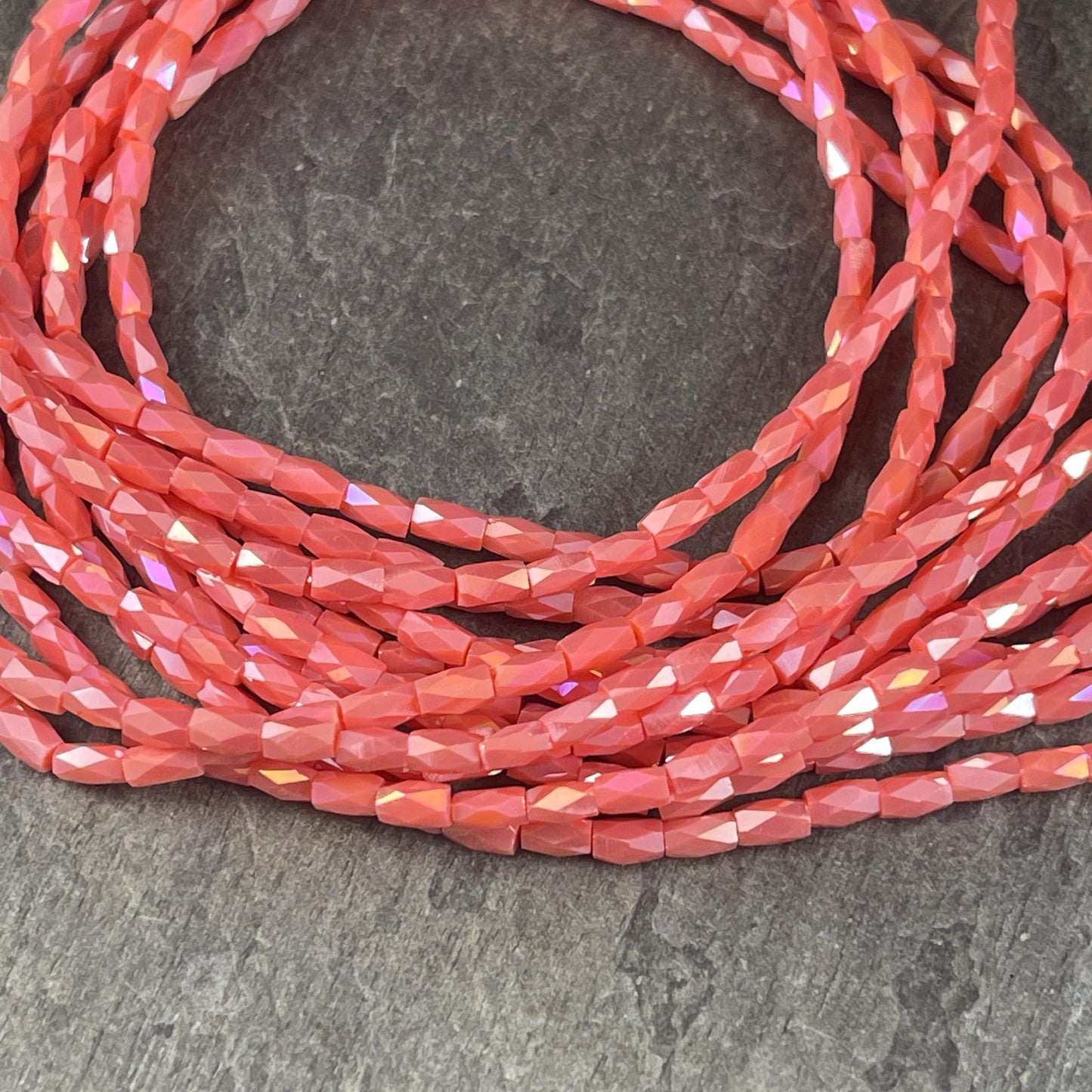Skinny Faceted Tube Beads, Salmon with High Luster Shine, 5x3mm Peachy Pink Tube Beads (FGT-Salmon) * 17" Strand