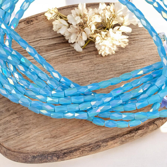 5x3mm Faceted Glass Tube Beads, Sky Blue with AB Finish, Skinny Tube Beads (FGT-SkyBlueAB) * 18" Strand