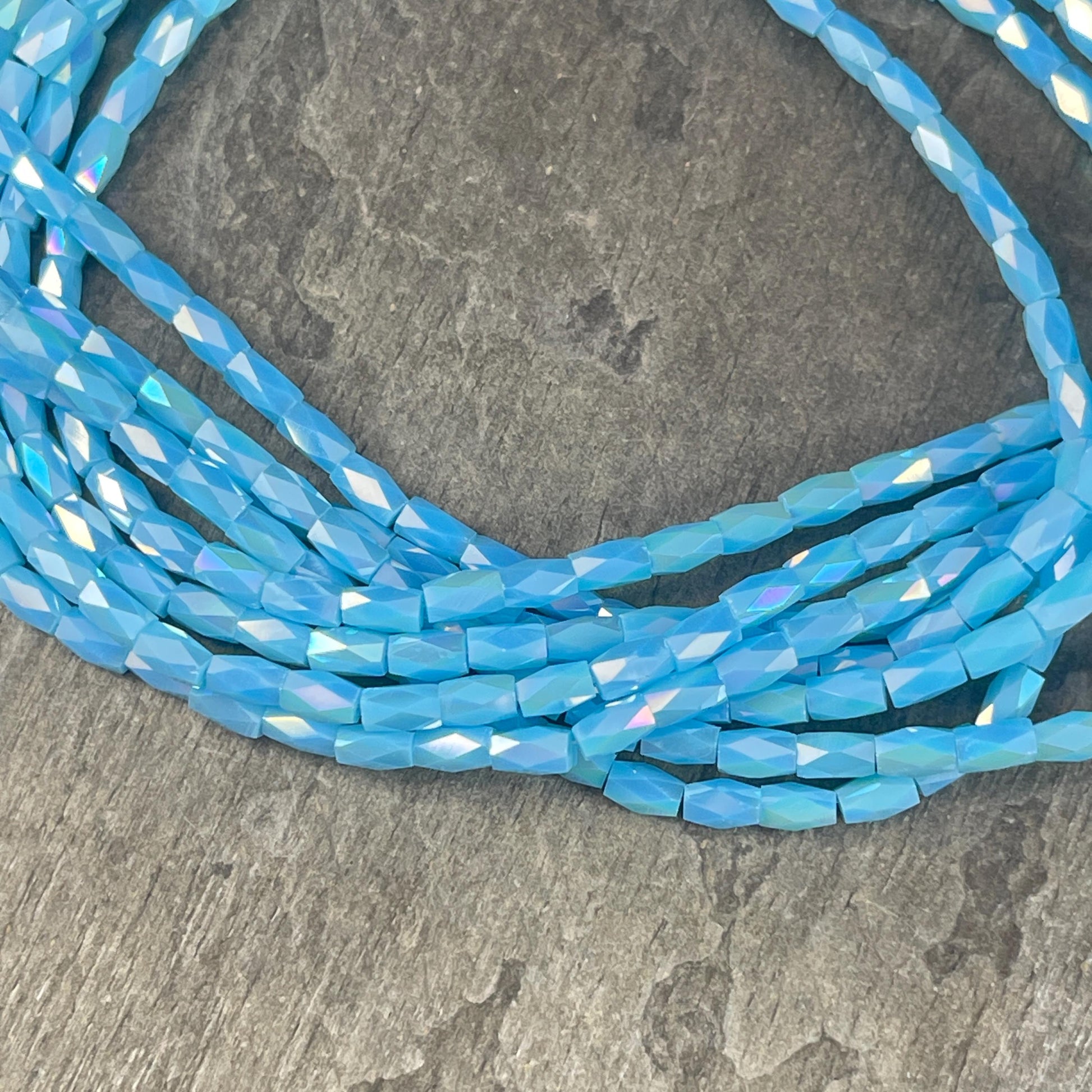 5x3mm Faceted Glass Tube Beads, Sky Blue with AB Finish, Skinny Tube Beads (FGT-SkyBlueAB) * 18" Strand