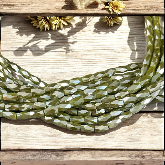 5x3mm Faceted Tube Beads, Olive Green with AB Finish, Skinny Faceted Beads (FGT-OliveGreen) * 19" Strand
