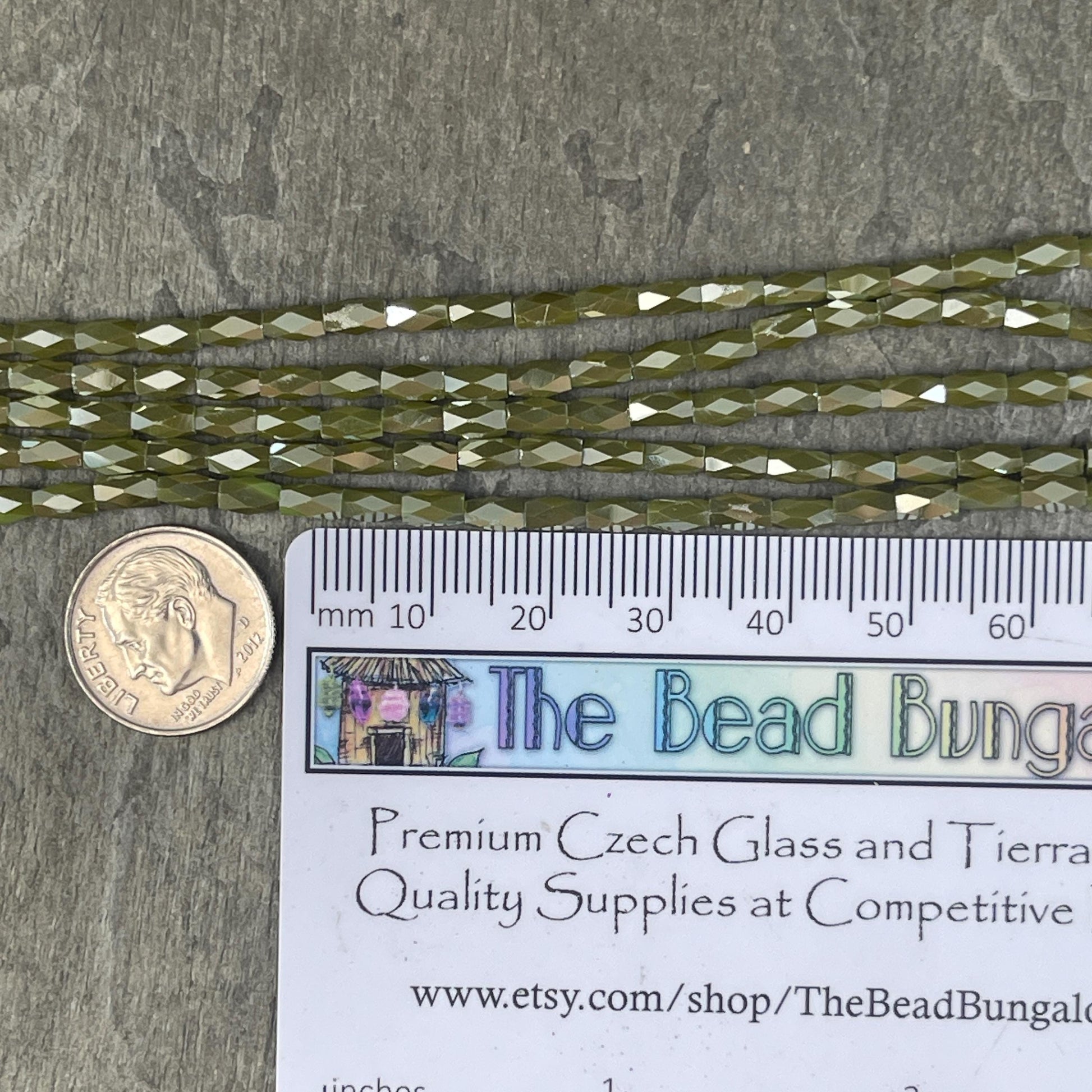 5x3mm Faceted Tube Beads, Olive Green with AB Finish, Skinny Faceted Beads (FGT-OliveGreen) * 19" Strand