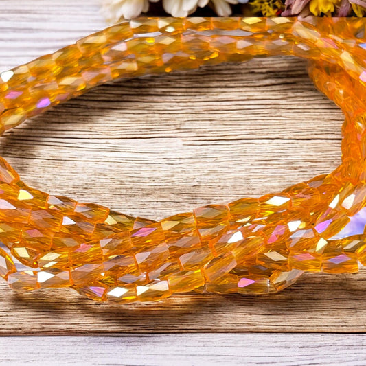 5mm Faceted Tube Beads, Transparent Bright Orange with AB Finish, Faceted Glass Beads (FGT-ORAB) * 18" Strand