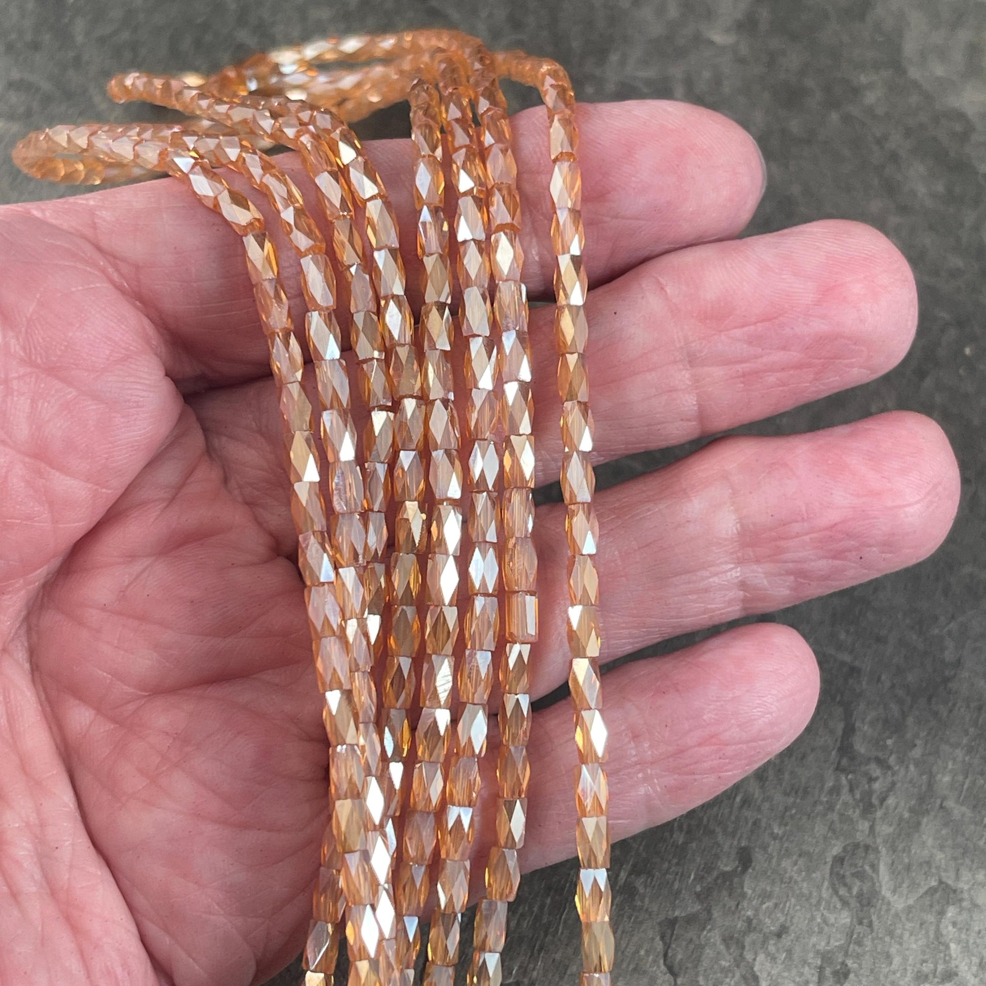 5mm Faceted Tube Beads, Transparent Honey Gold with AB Finish, Faceted Glass Beads (FGT-HoneyAB) * 18" Strand